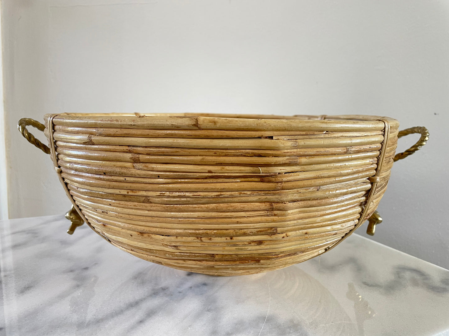 1970s Vintage Mid-Century Crespi Style Bamboo Brass & Rattan Bowl