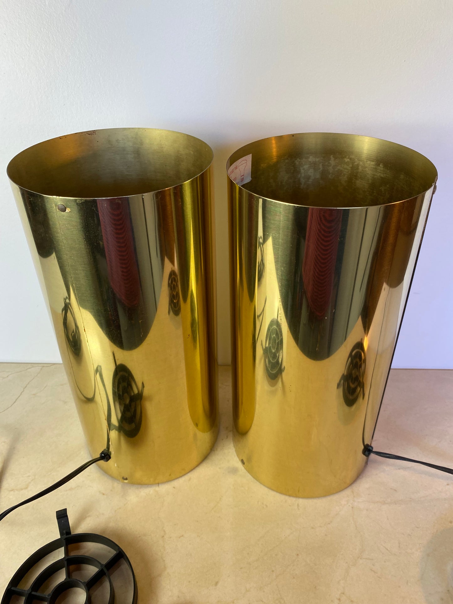 Pair of Vintage Brass Cylinder Table Lamps in the Style of Robert Sonneman, 1970s Modernist Uplights