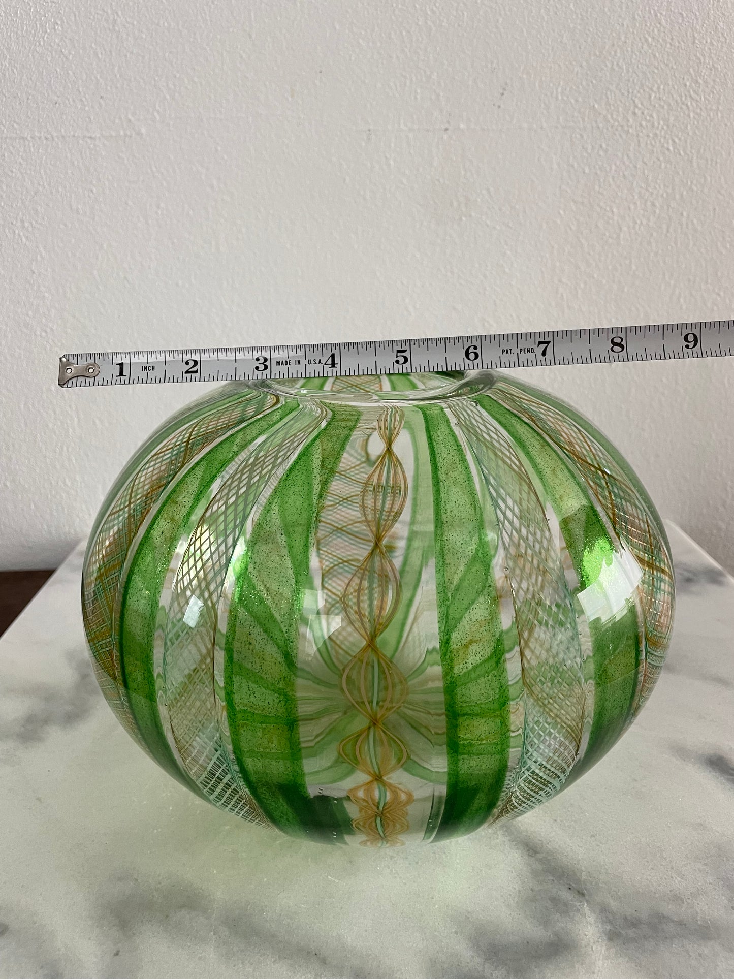 Late 20th Century Handblown Art Glass Vase in Green and Gold Stripe and Plaid Design