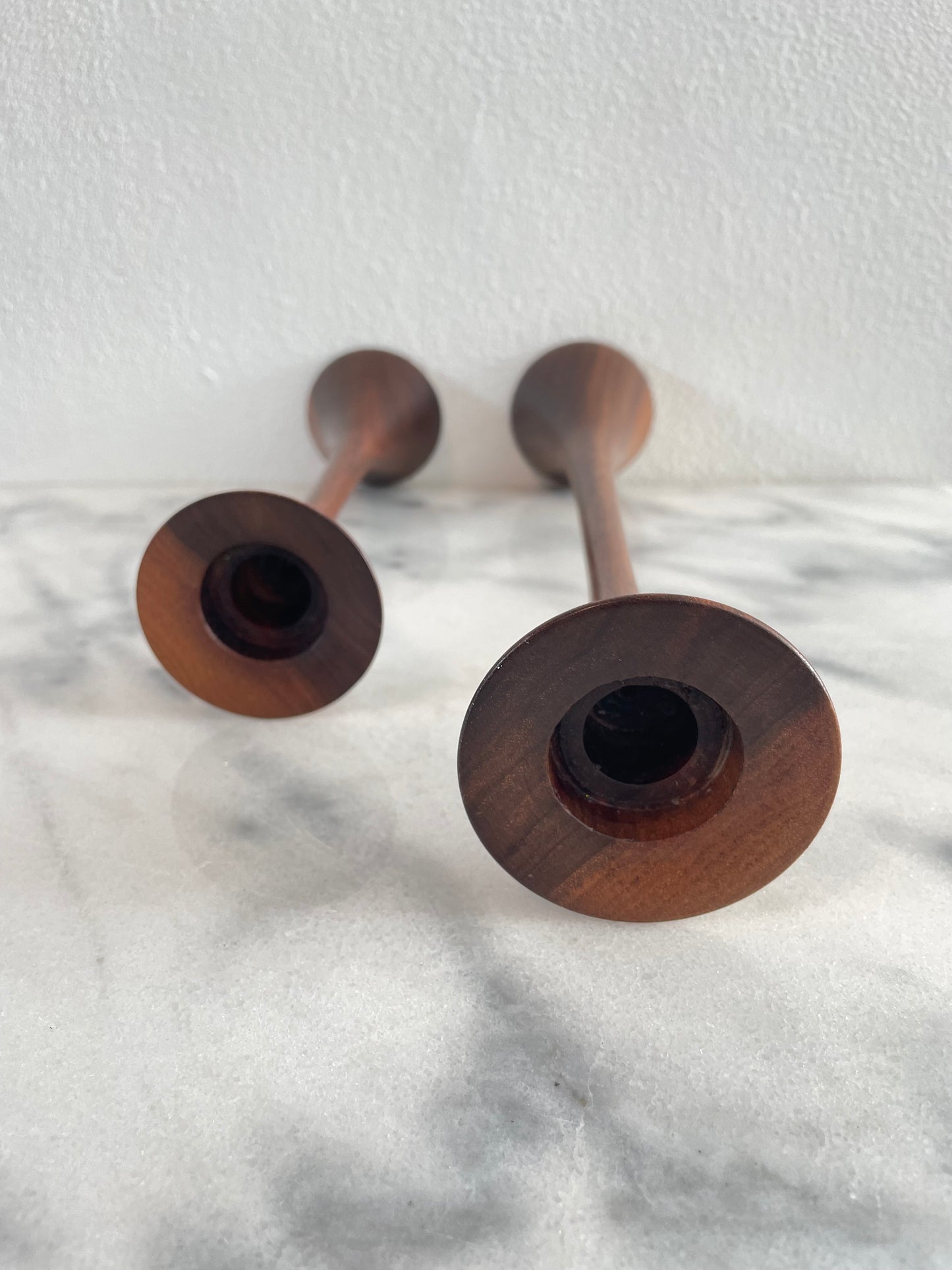 Mid-Century Walnut Tapered Tulip Candlesticks - Pair