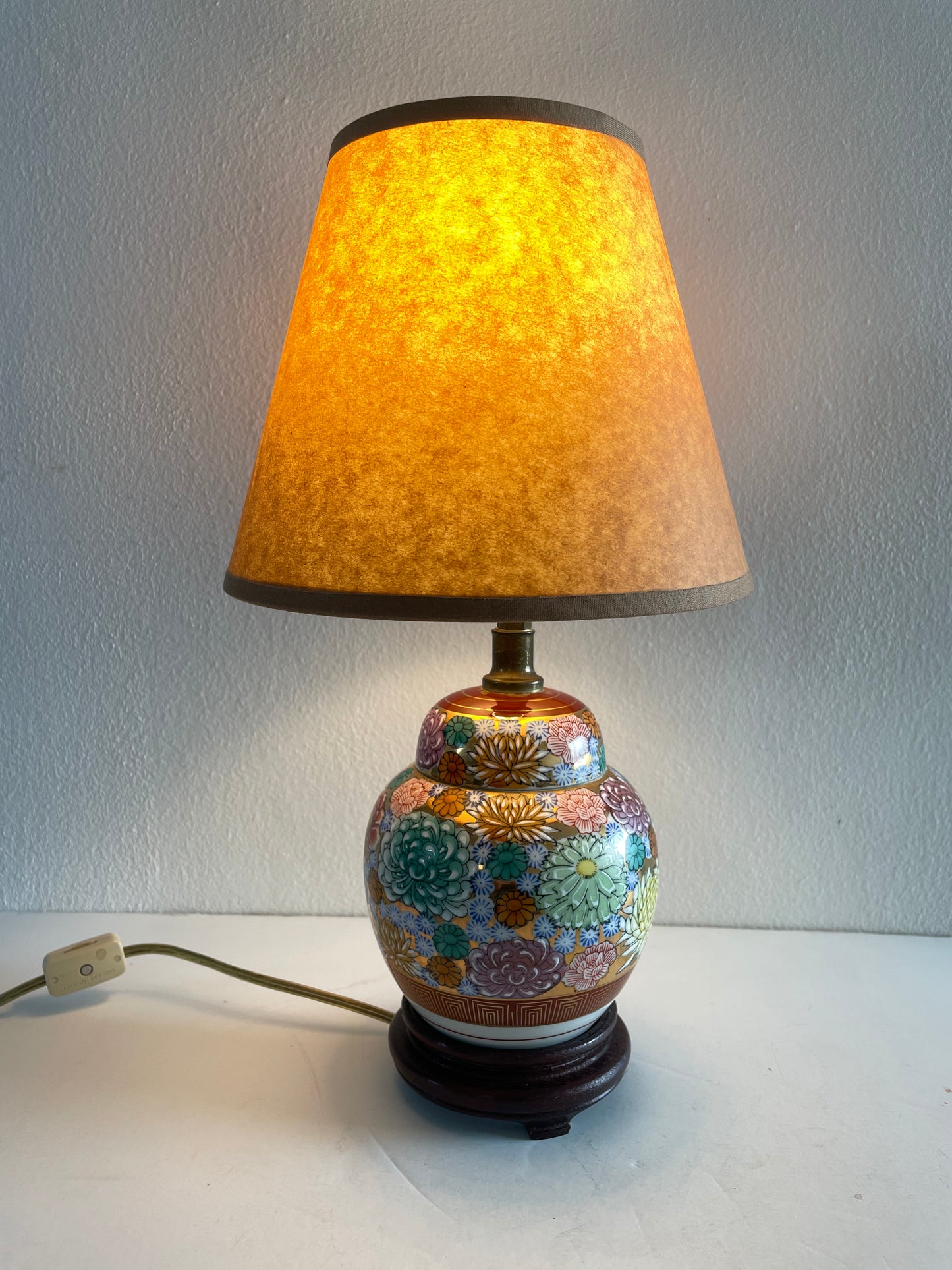 Mid-Century Chinoiserie Petite Floral Ceramic Ginger Jar Table Lamp With Shade