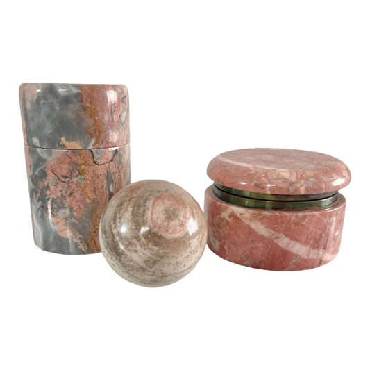 Mid 20th Century Vintage Pink Marble Jewelry Box Cylinder and Sphere Decor - Set of 3