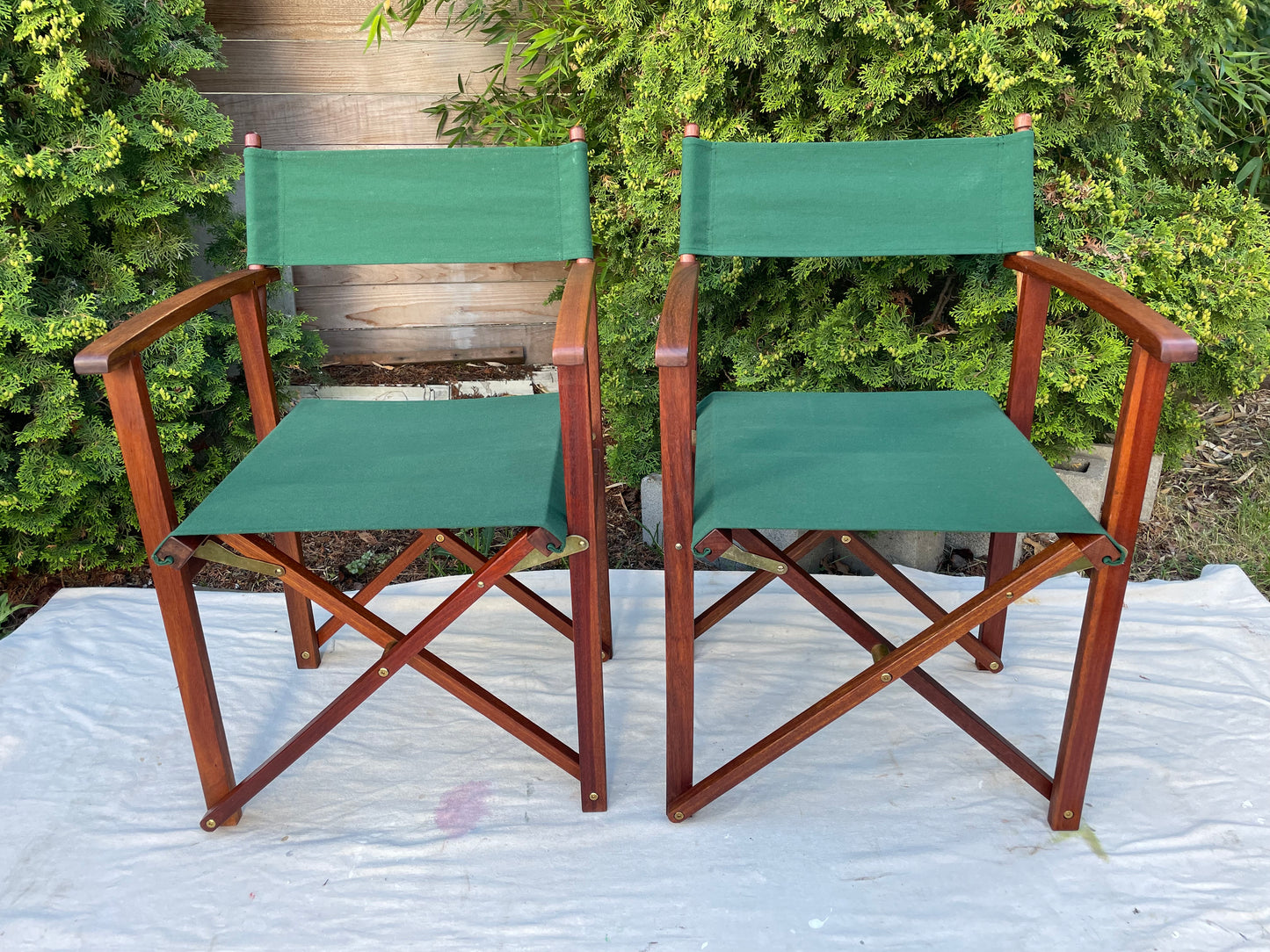 Vintage Hunter Green Teak Folding Directors Chair - Set of 2