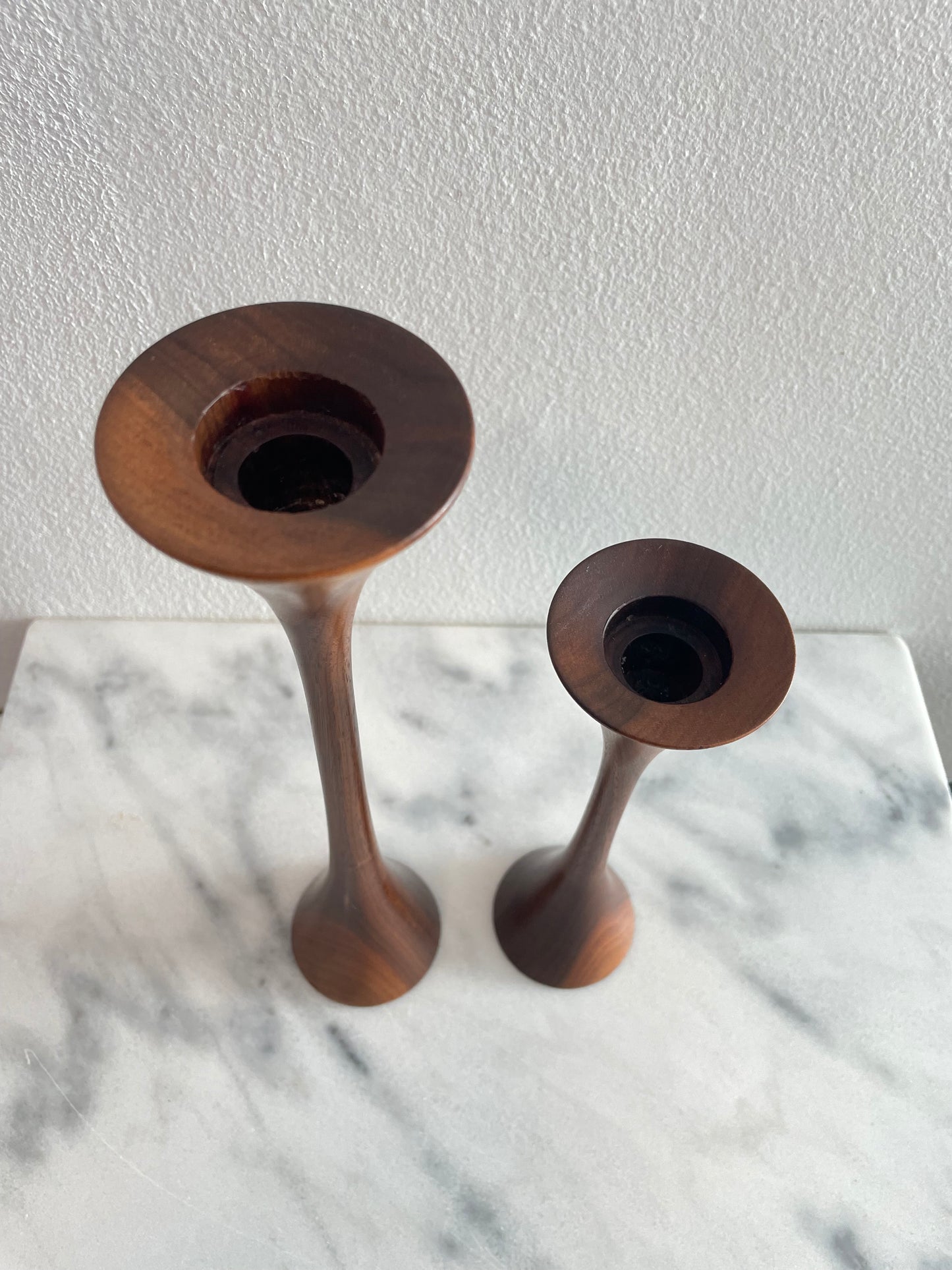 Mid-Century Walnut Tapered Tulip Candlesticks - Pair