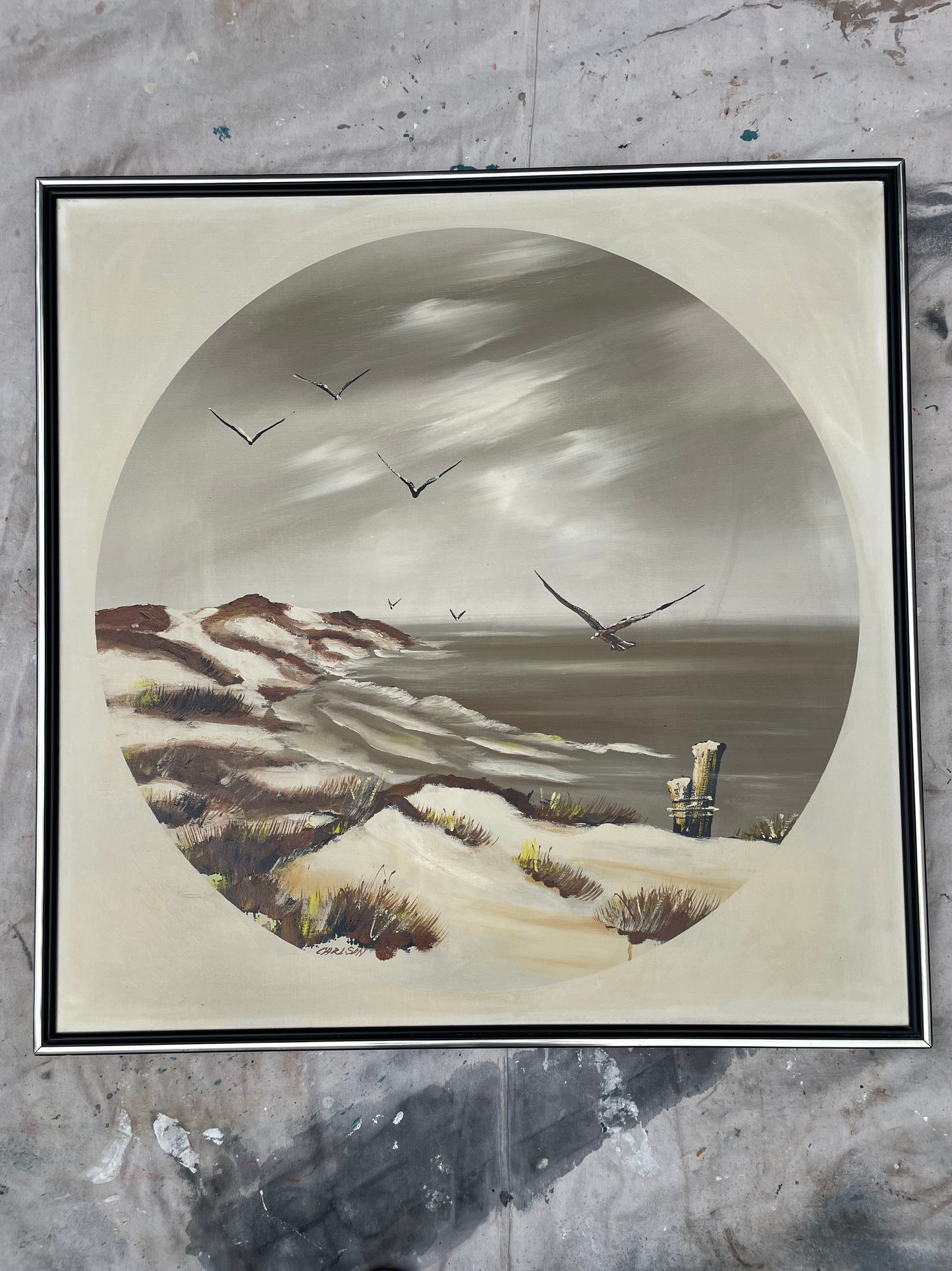 Mid 20th Century Signed Carlson Seascape Oil Painting – Gulls & Dunes on Canvas