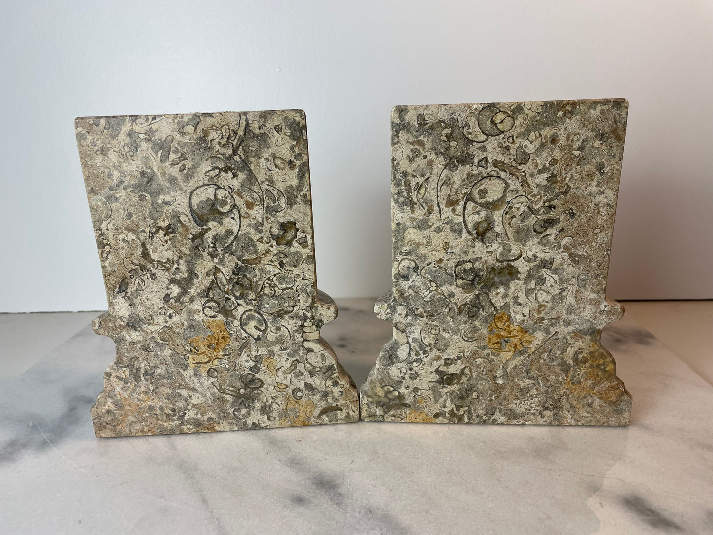 1980s Postmodern Fossil Stone Column Bookends Sculptural Natural Stone Pair