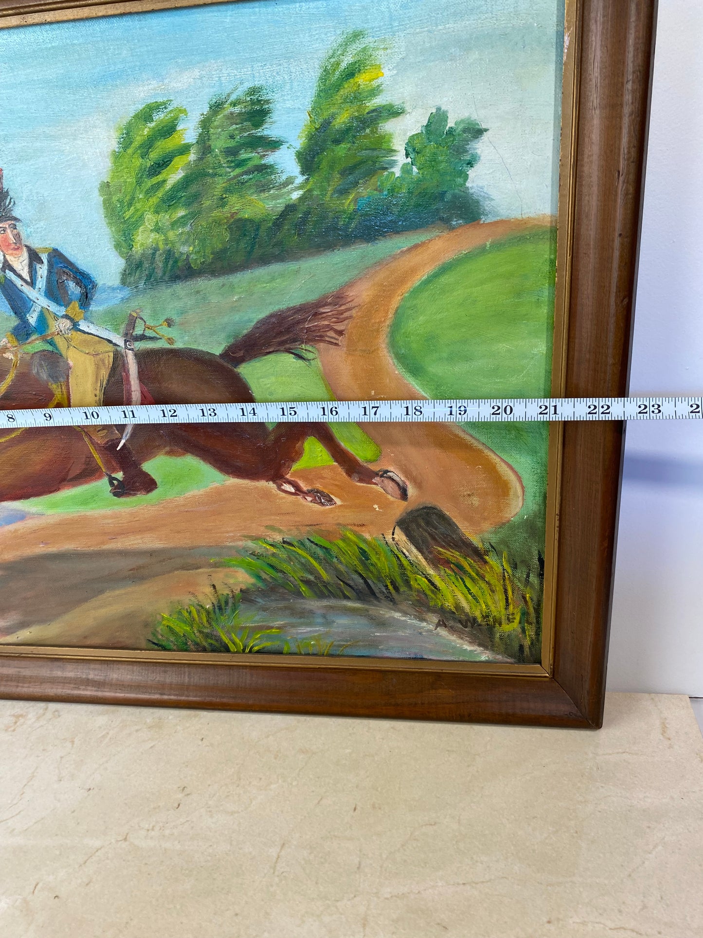 Vintage Naive Folk Art Painting, Equestrian Officer, Signed Anna Werner