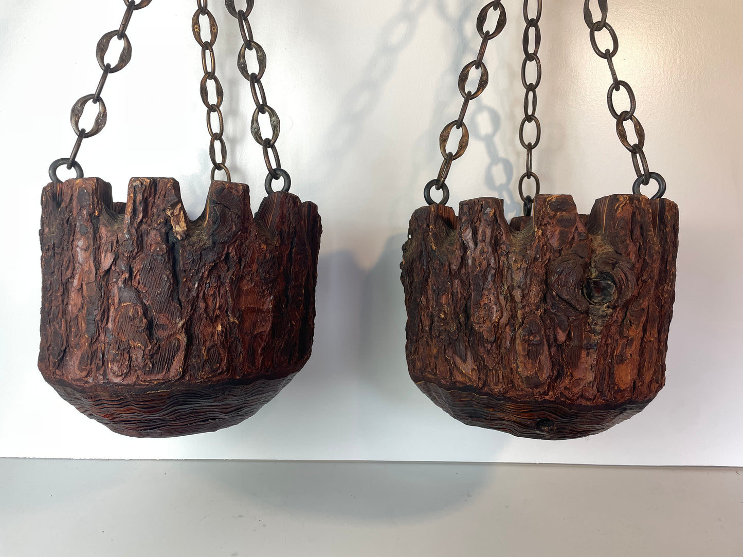 Mid 20th Century Rustic Mission Style Redwood Swag Chain Hanging Planters - A Pair