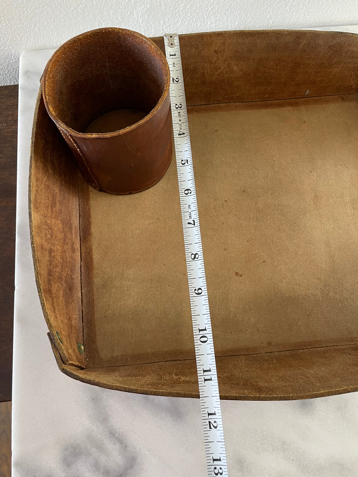 Vintage Cognac Distressed Leather Desk Accessories - Paper Tray & Pencil Cup- 2 Pieces