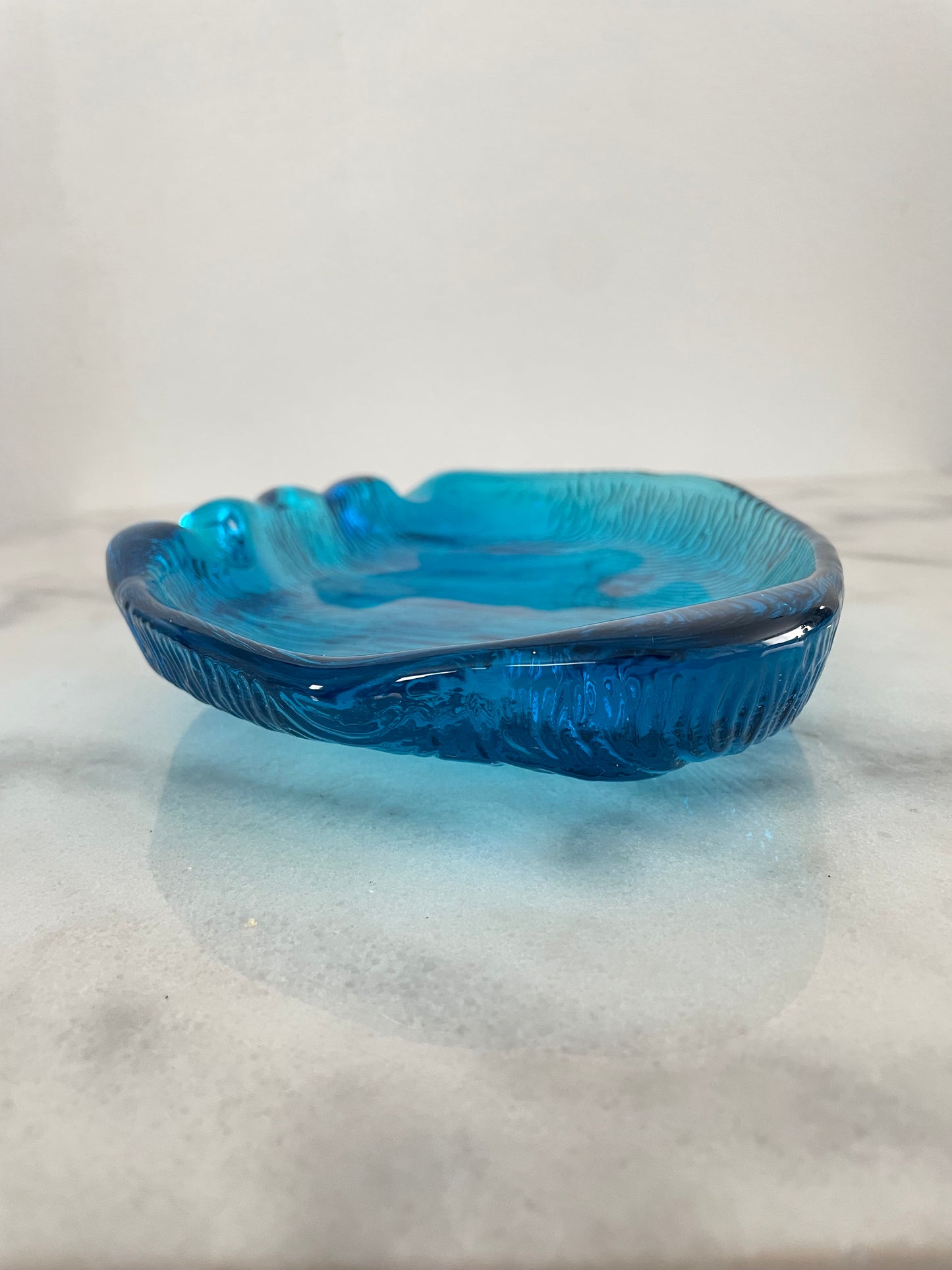 Mid-Century Blenko Sapphire Blue Amorphous Heavy Glass Tray Catchall