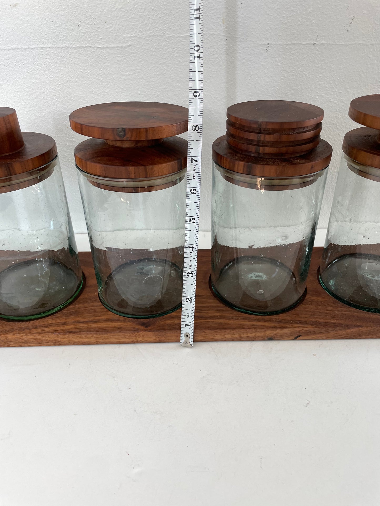 Mid 20th Century Solid Walnut and Blown Glass Canister Jars With Stand- 7 Pieces