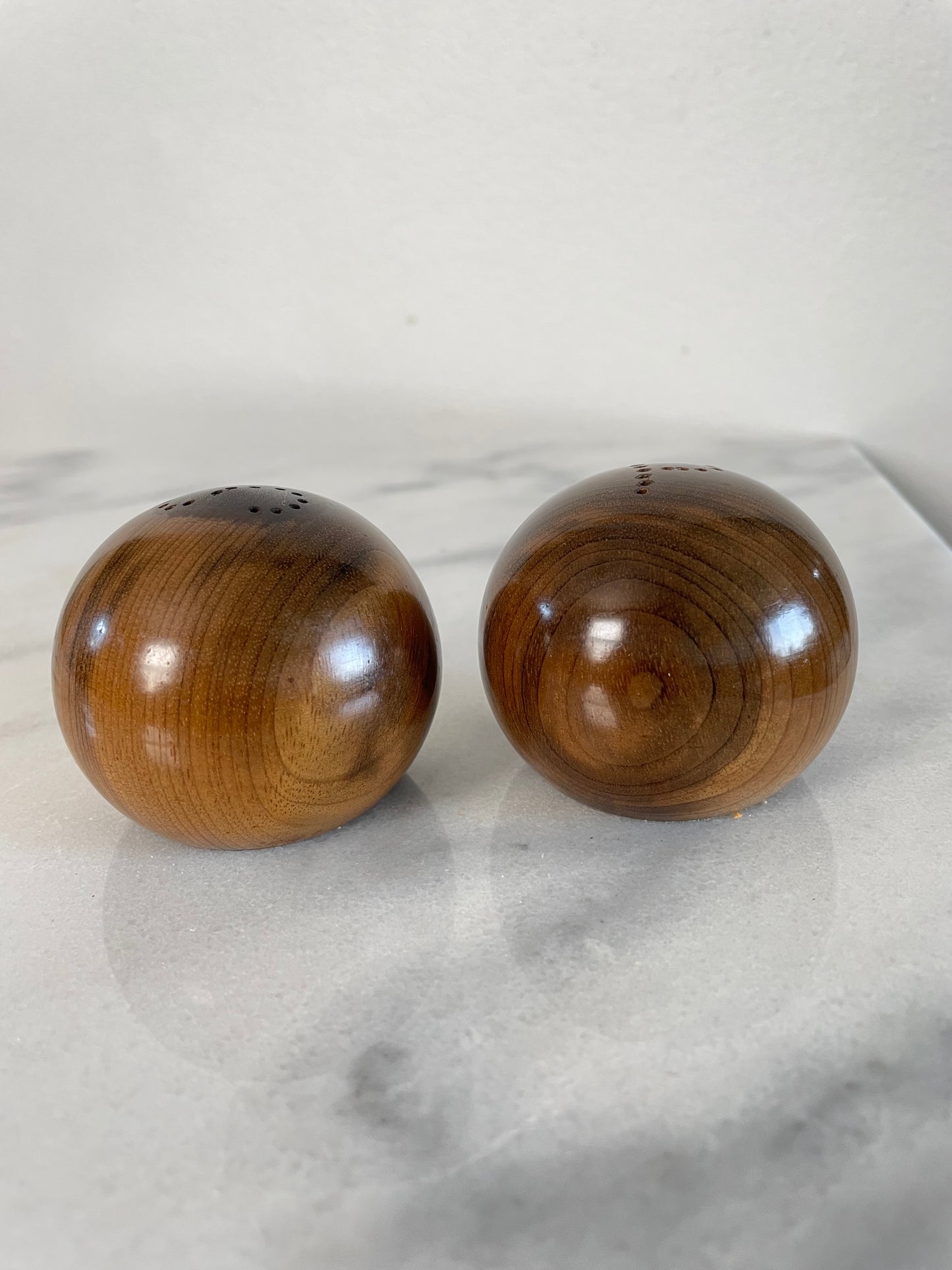 Mid 20th Century Solid Hardwood Walnut Sphere Salt & Pepper Shakers- a Pair