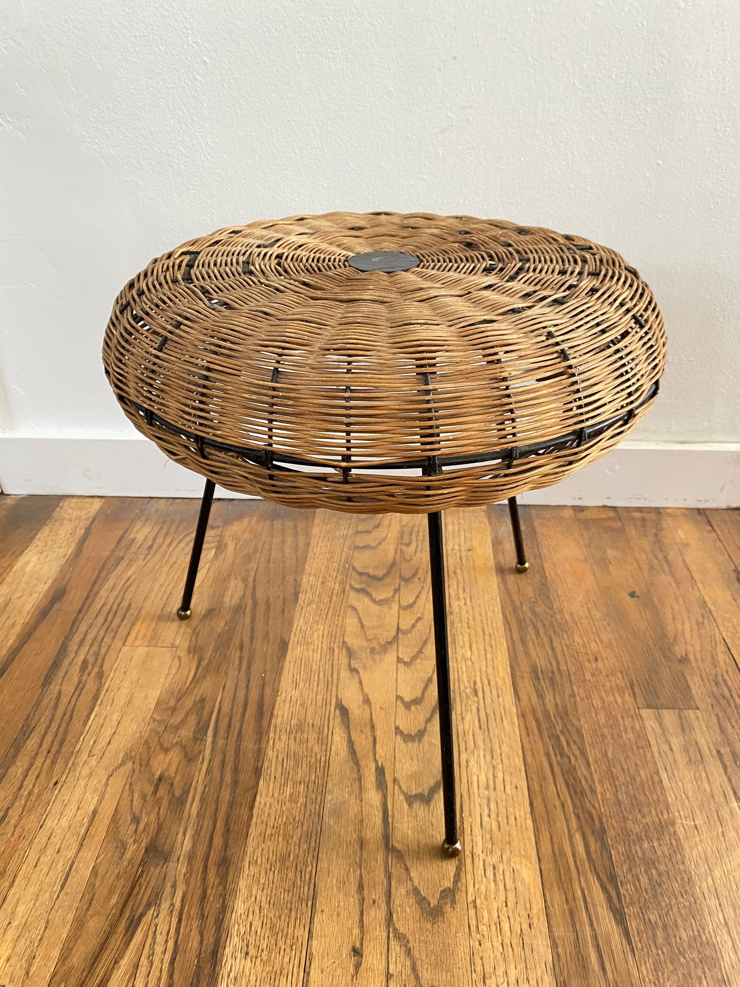 Mid-Century Modern French Woven Rattan Tripod Stool