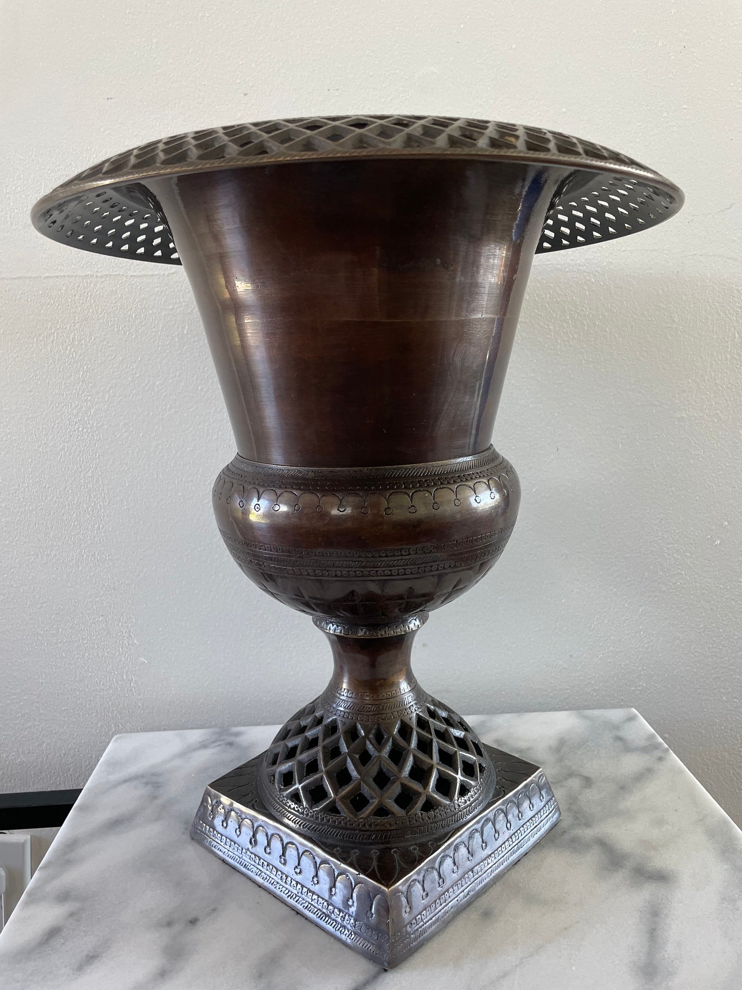 Large Late 20th Century Solid Brads Urn Vase With Pierced Detailing