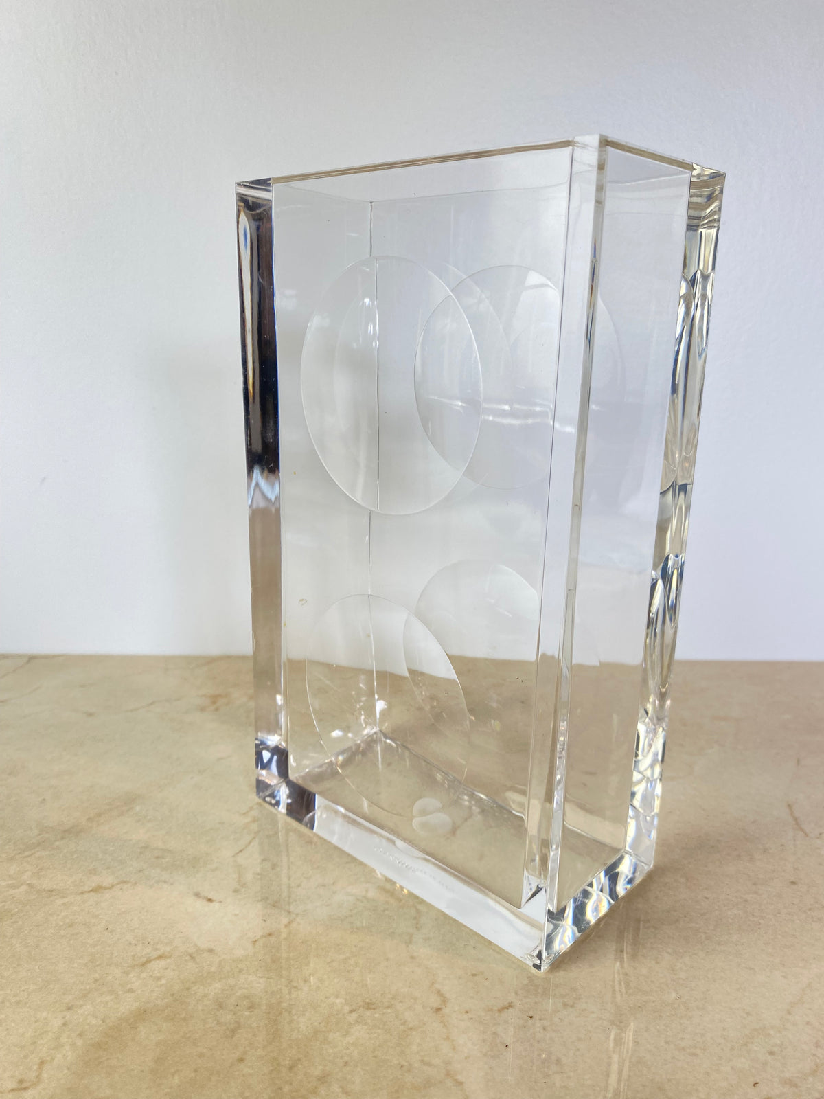 Vintage Guzzini Lucite Block Vase, Italian Space Age, Signed