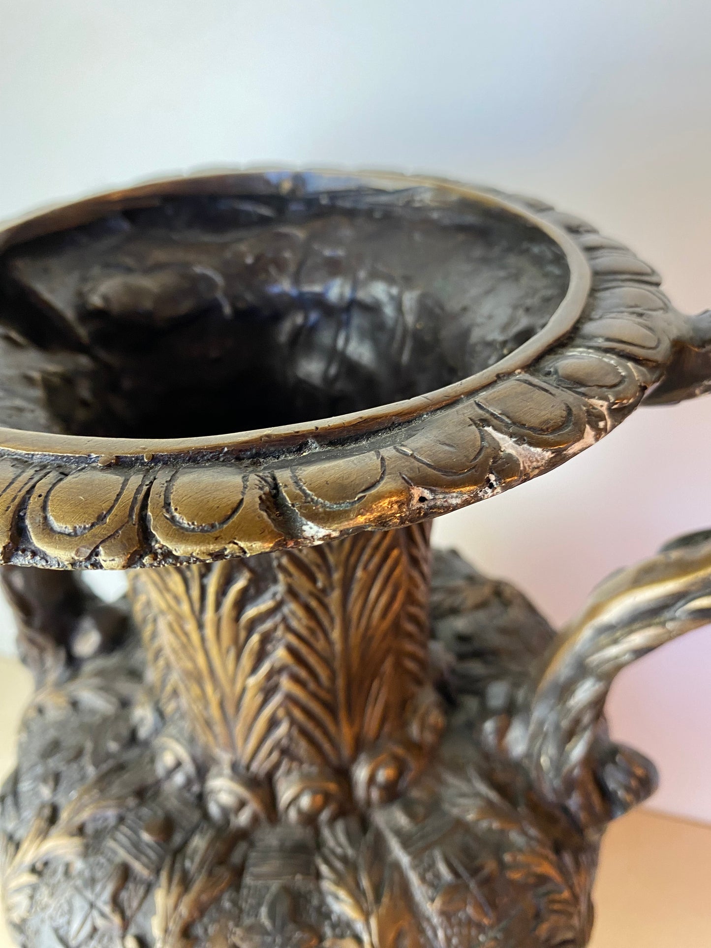 Large Italian Baroque-Style Bronze/Brass Urn With Serpent Handles