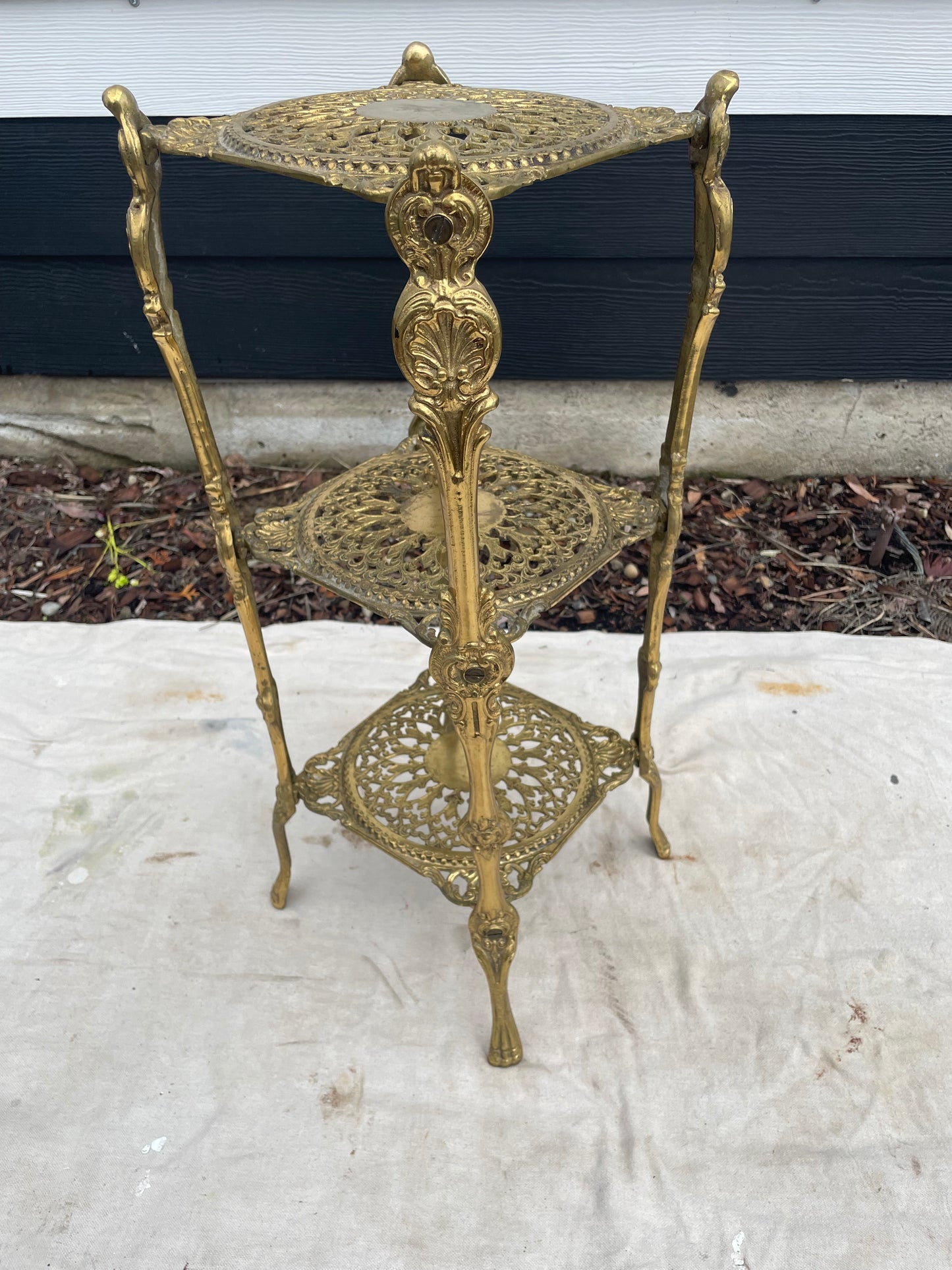 Vintage Ornate Brass Three-Tier Plant Stand Accent Table — Hollywood Regency Style