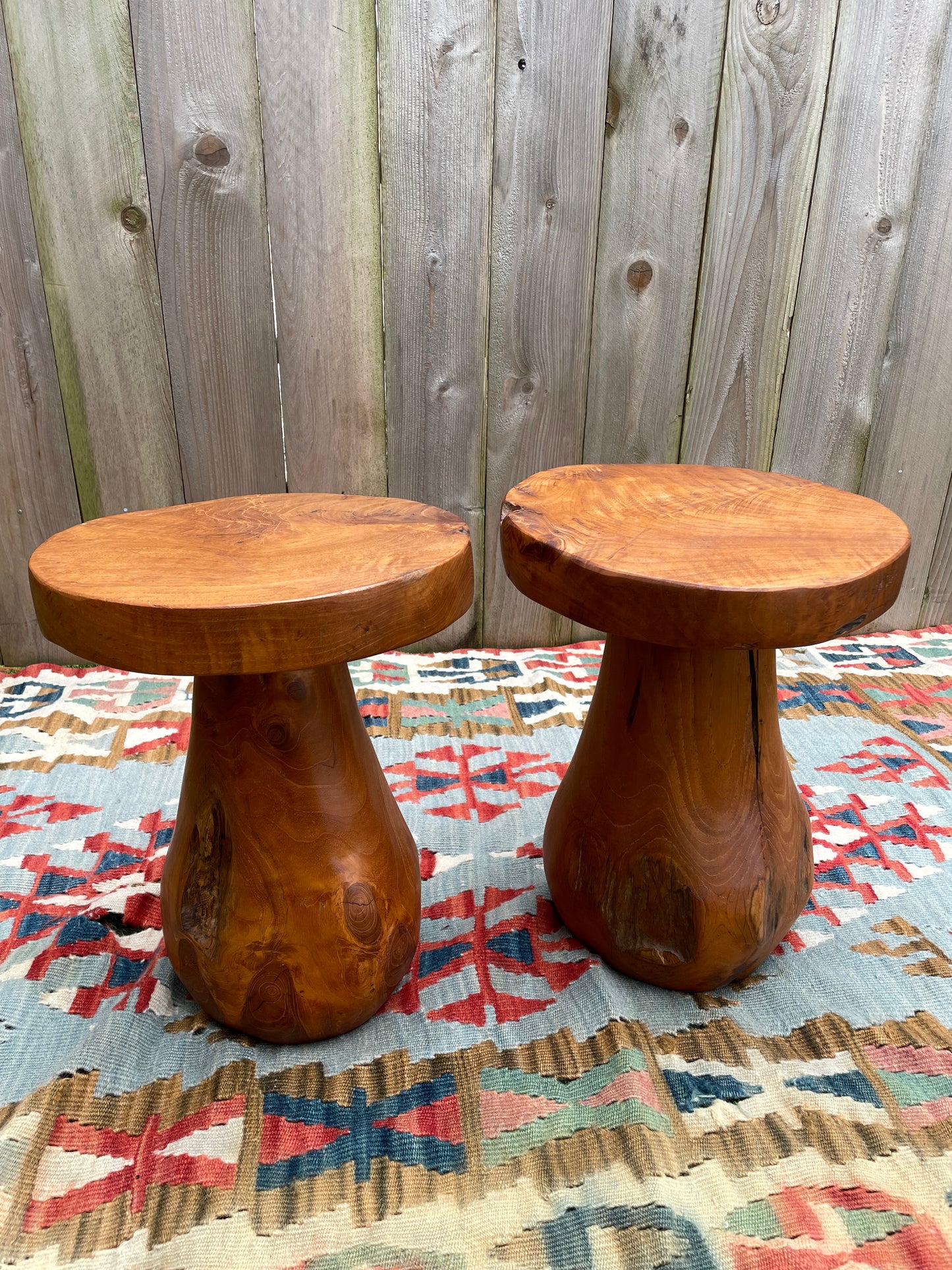 Mid 20th Century Rustic Solid Teak Wood Mushroom Tables - a Pair