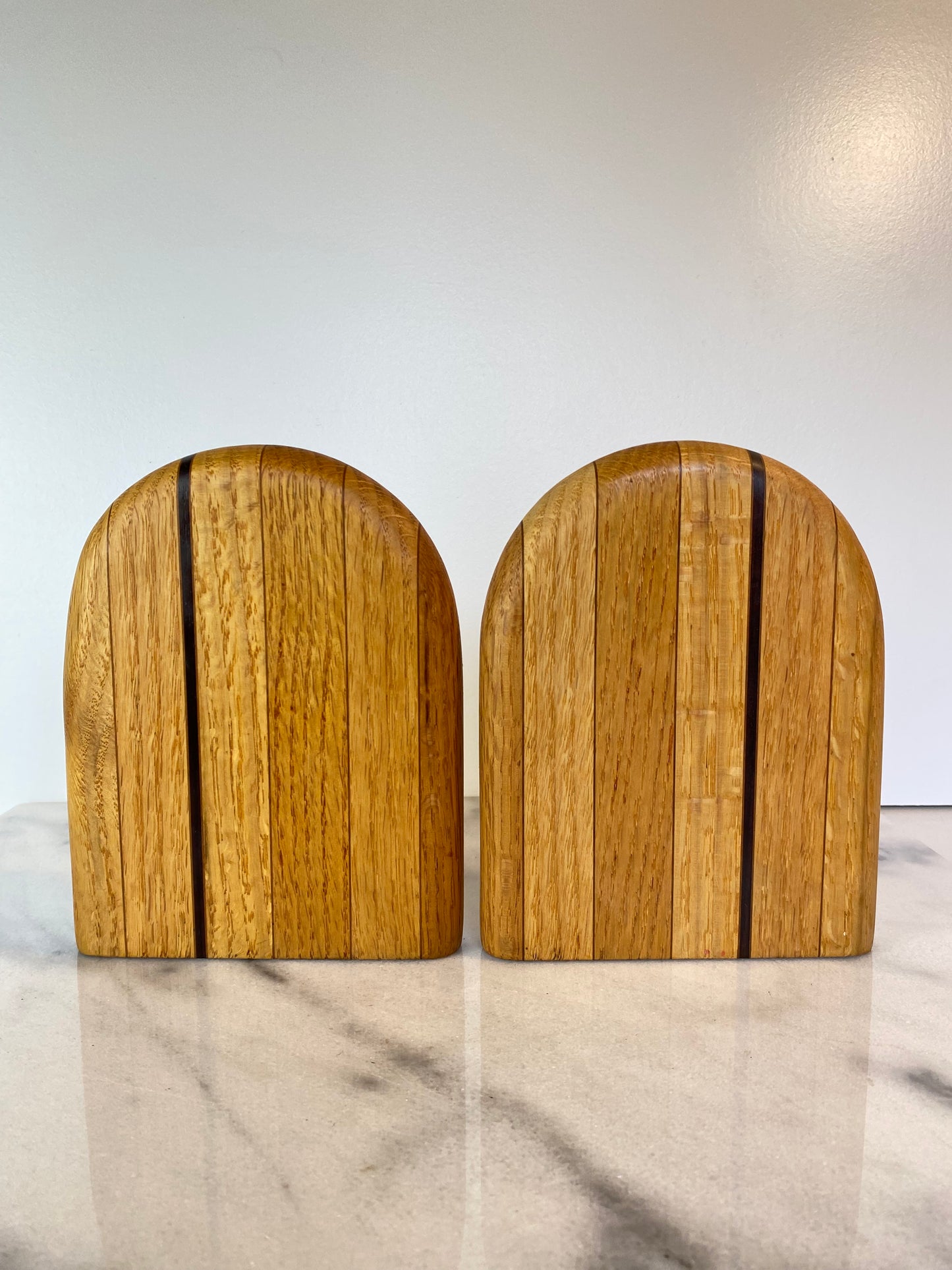 Mid-Century Modern Rounded White Oak & Brass Bookends - A Pair