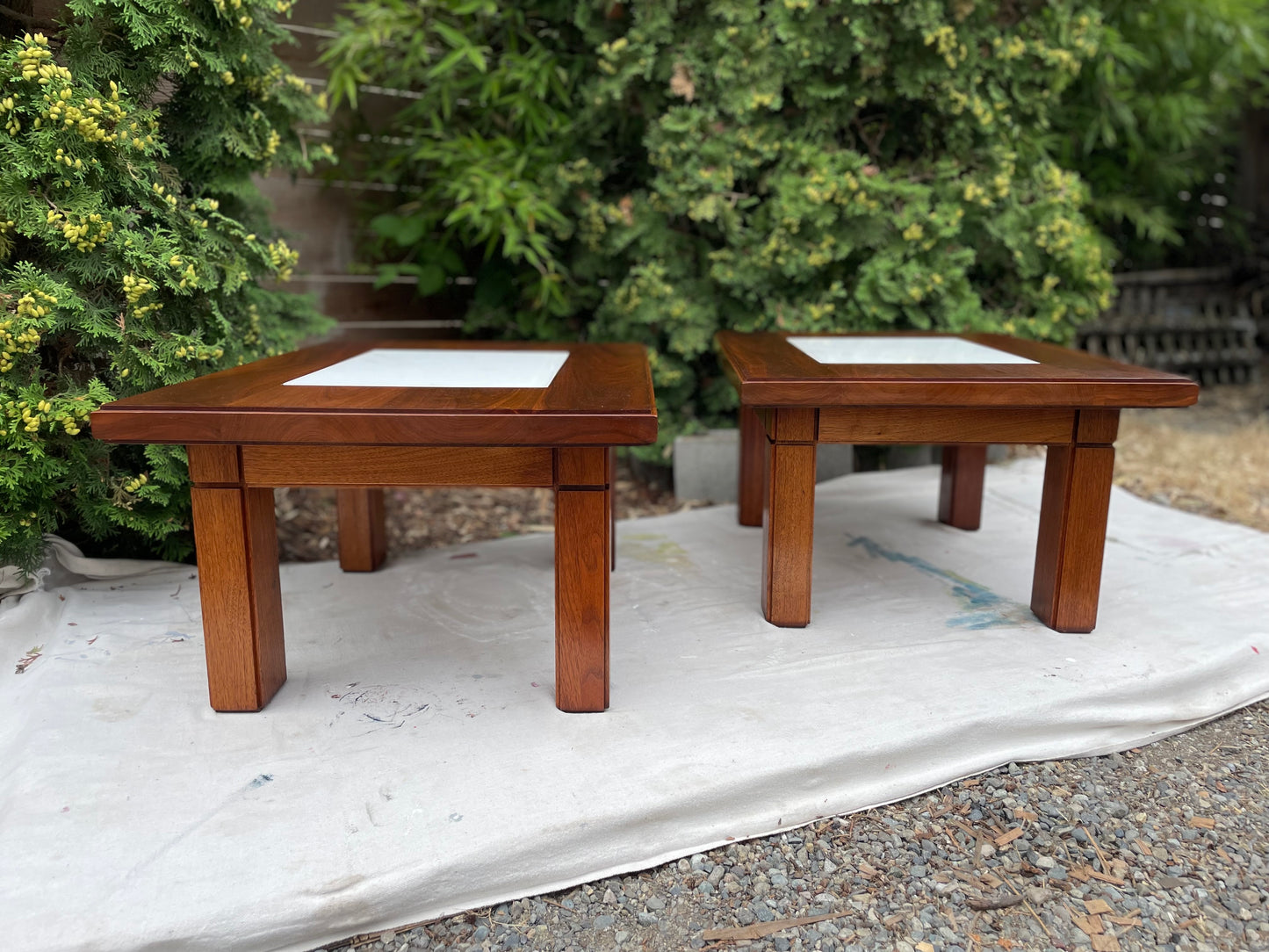 Mid-Century Studio Solid Walnut & Marble Side Tables Pair
