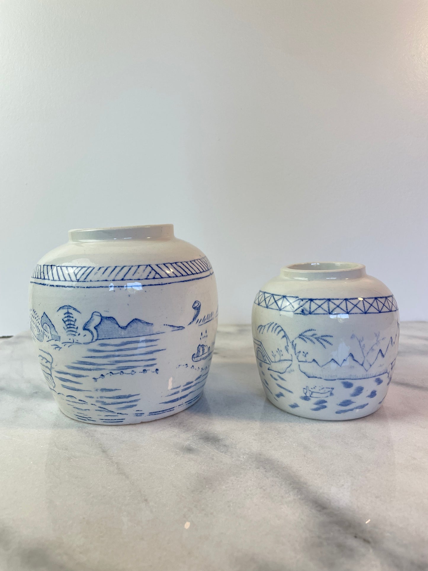 Antique Chinese Blue and White Ginger Jars – Pair of Hand-Painted Landscape Scene Porcelain Vessels