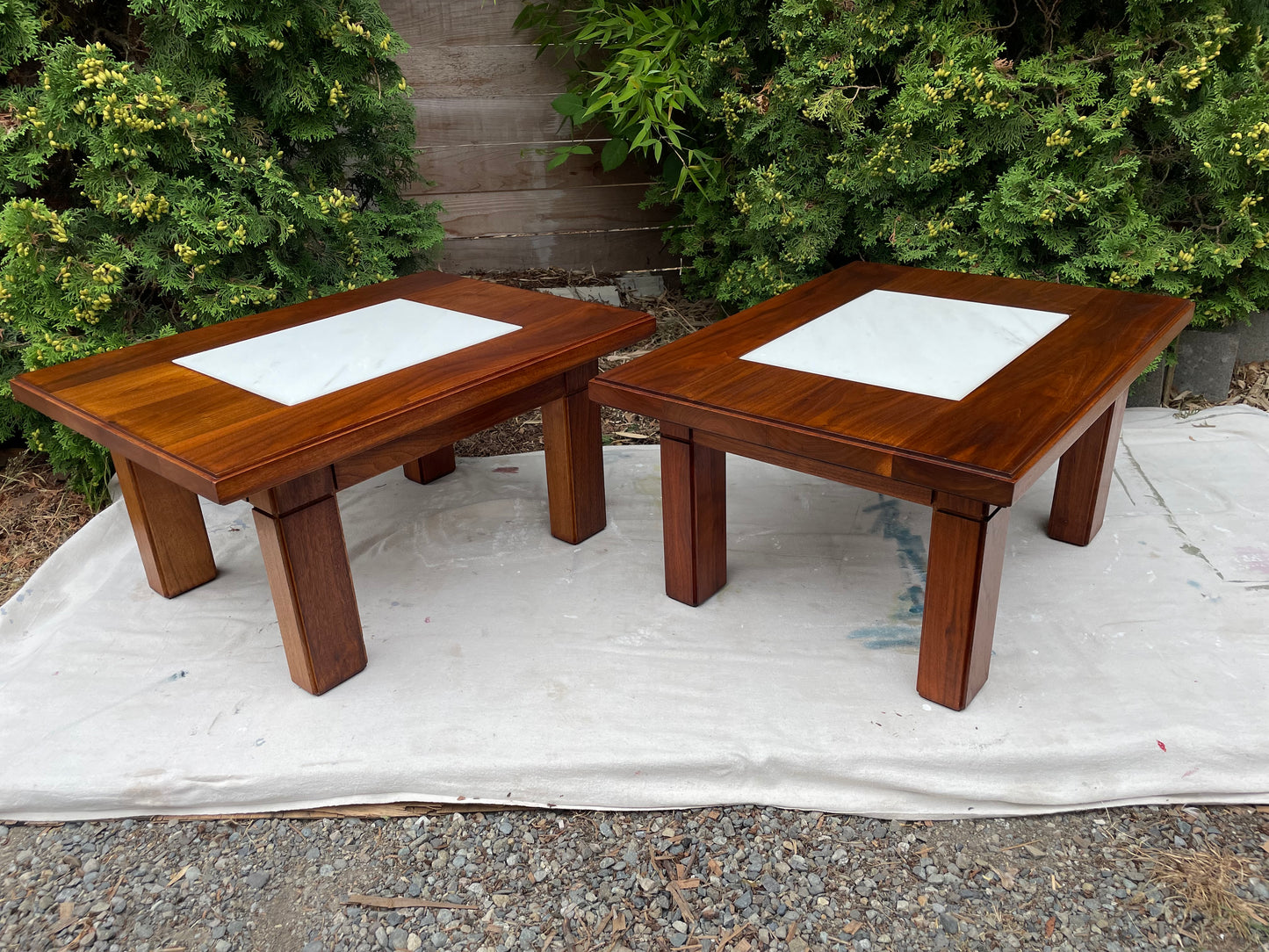 Mid-Century Studio Solid Walnut & Marble Side Tables Pair