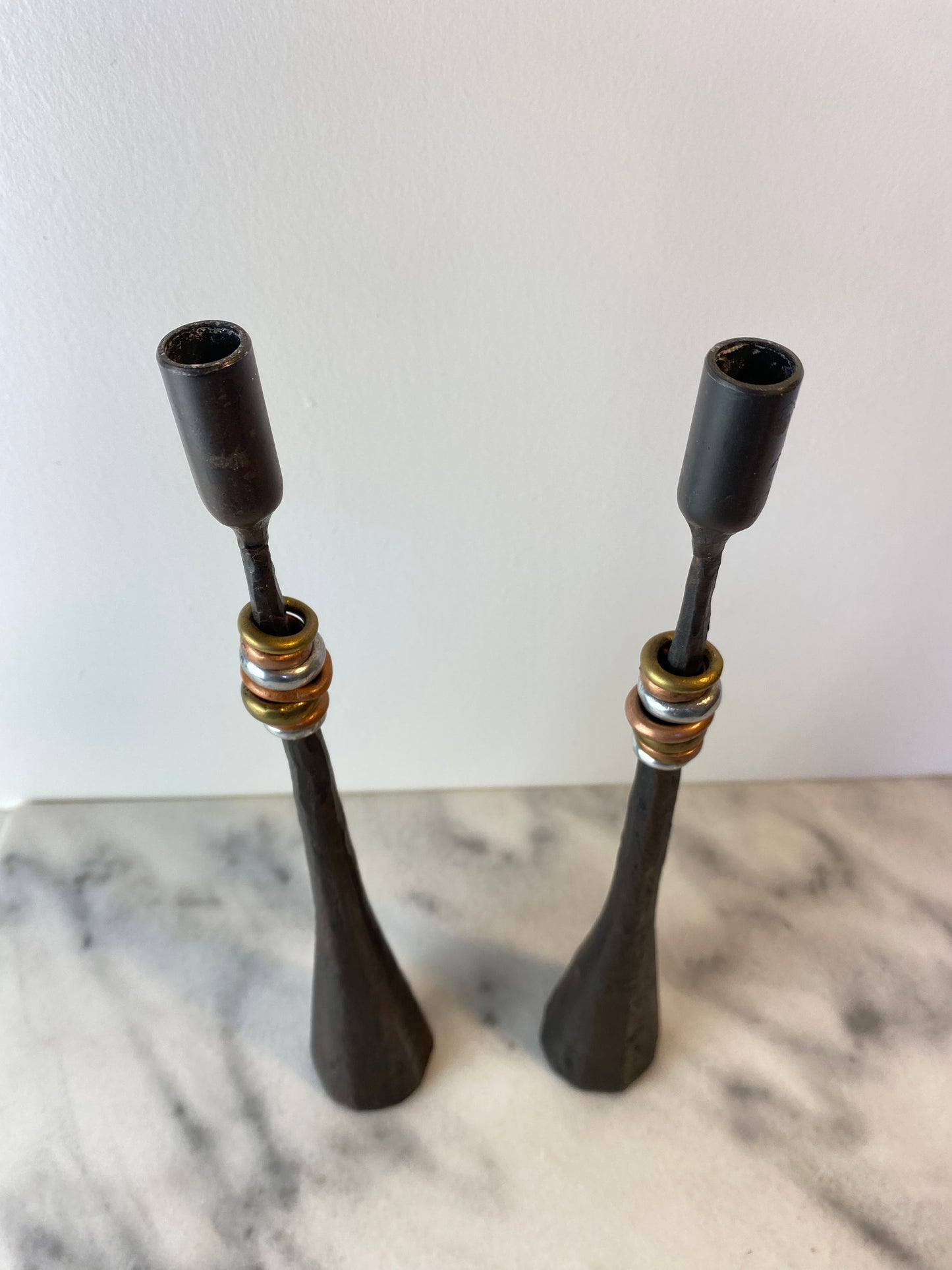 Pair Rustic Forged Iron Candlestick Holders With Mixed Metal Rings Luis Marquez Sekoya Originals
