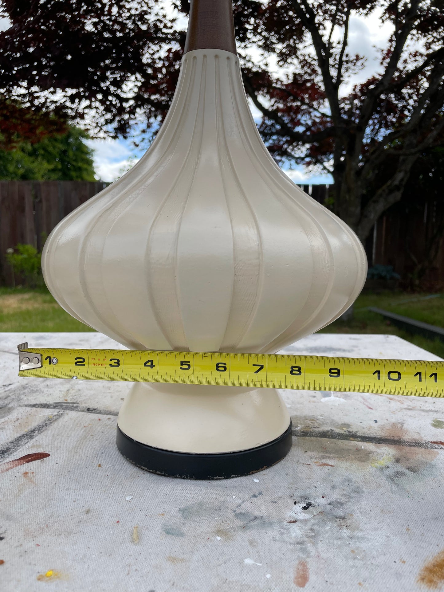 Mid-Century Modern Elongated Fortune Lamp Co. Teardrop Table Lamp in Walnut & Porcelain - A Pair