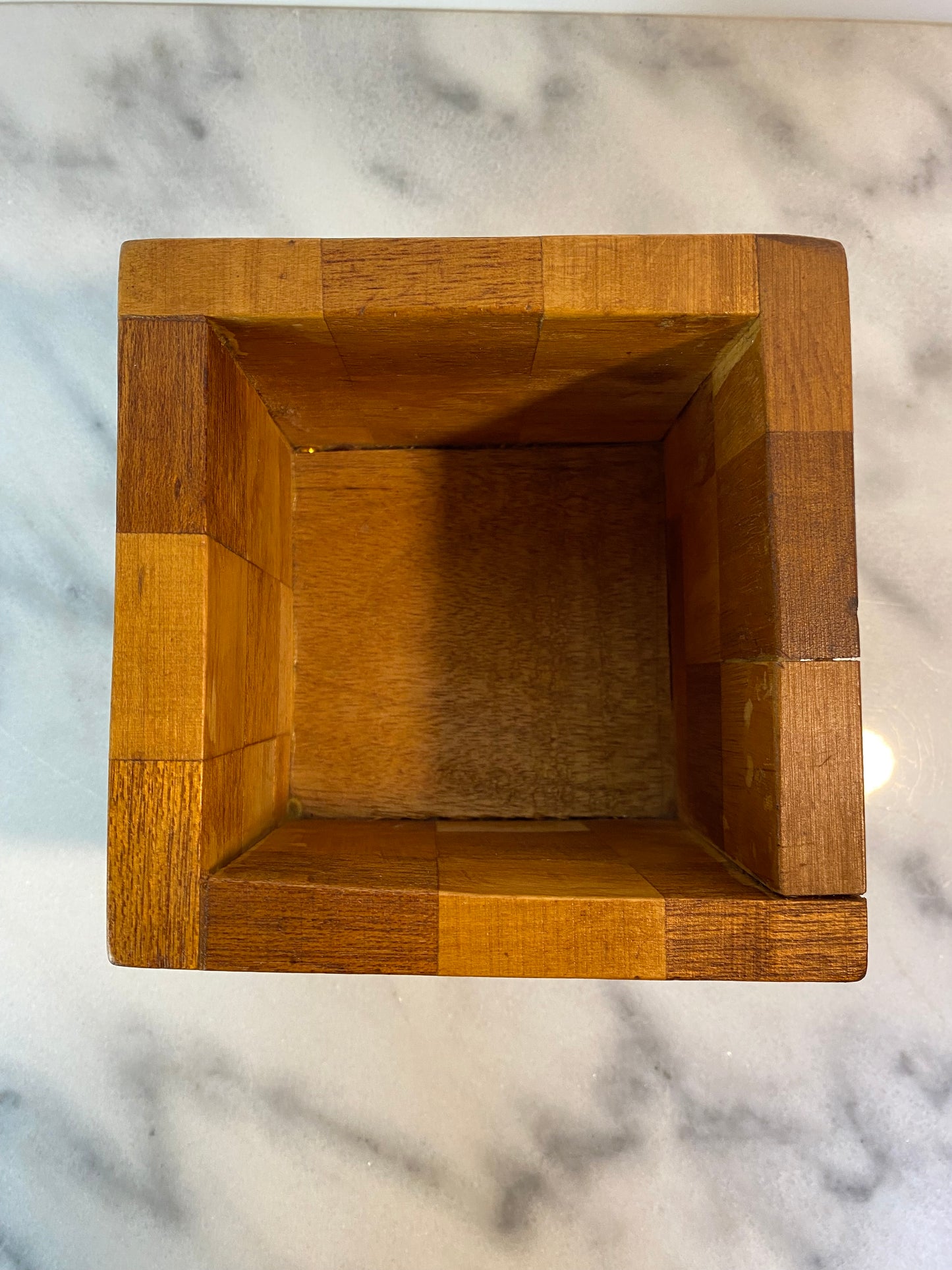 20th C. Mid-Century Modern Handcrafted Checkerboard Inlay Mixed Wood Cube Pen Holder or Planter