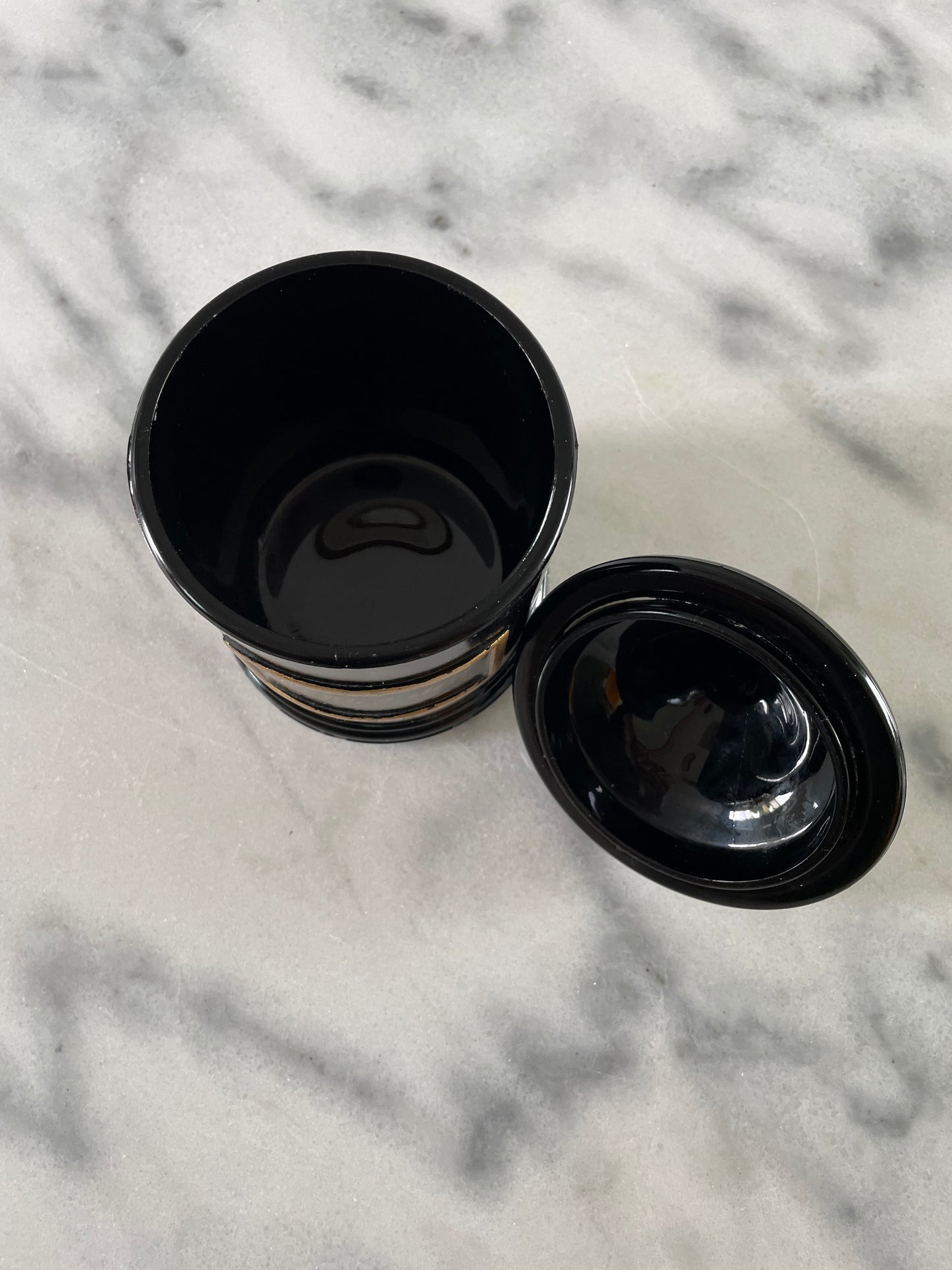 Vintage Black Glass Apothecary Jar Jean Vivaudou Co. Orloff Bergamot Men's Bath Talc