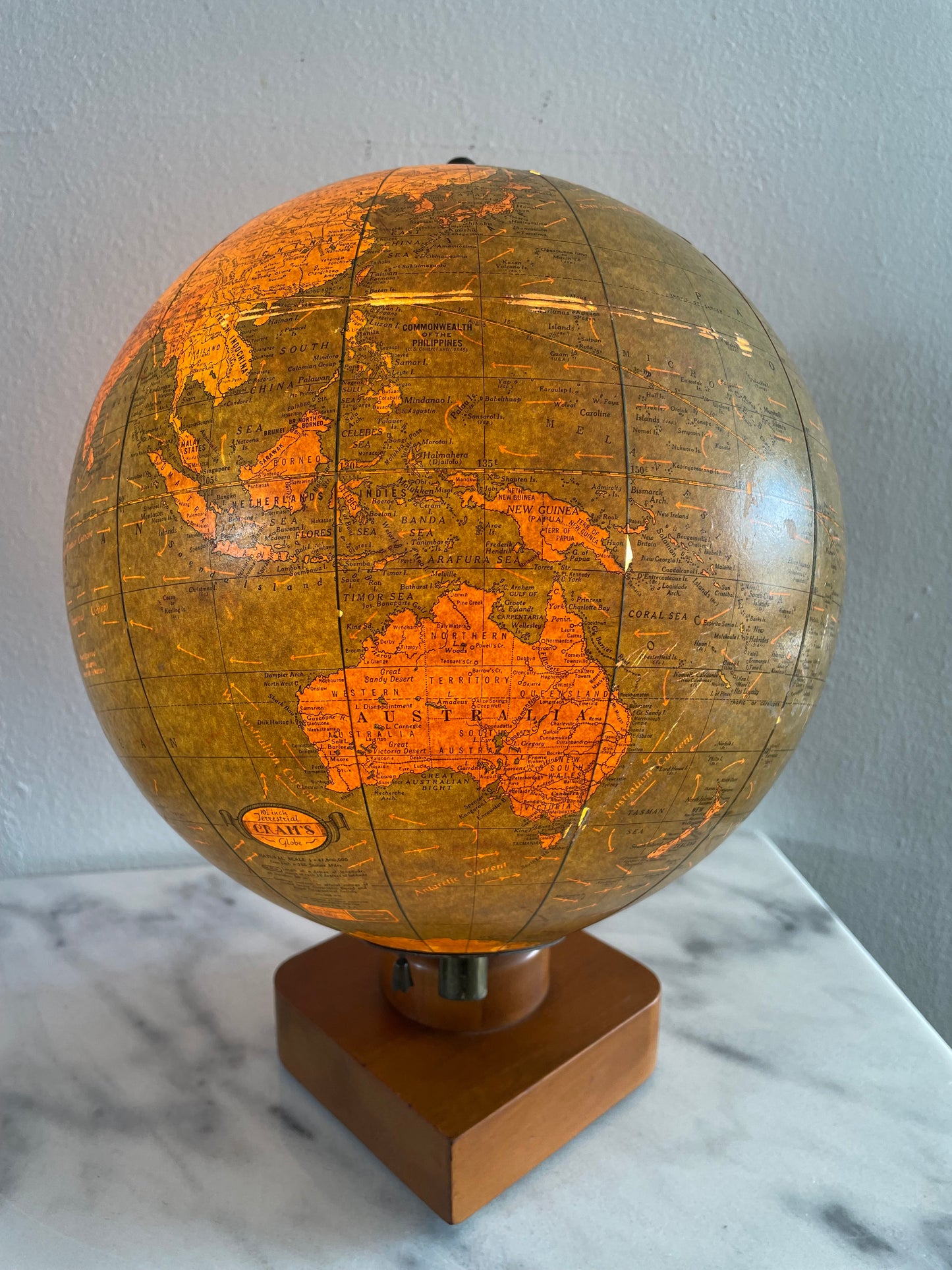 1941 George F Cram Terrestrial Glass Illuminated Globe