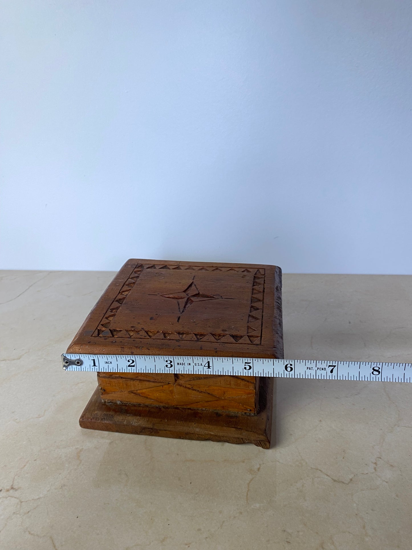Vintage Hand-Carved Wood Folk Art Lidded Box With Star Motif