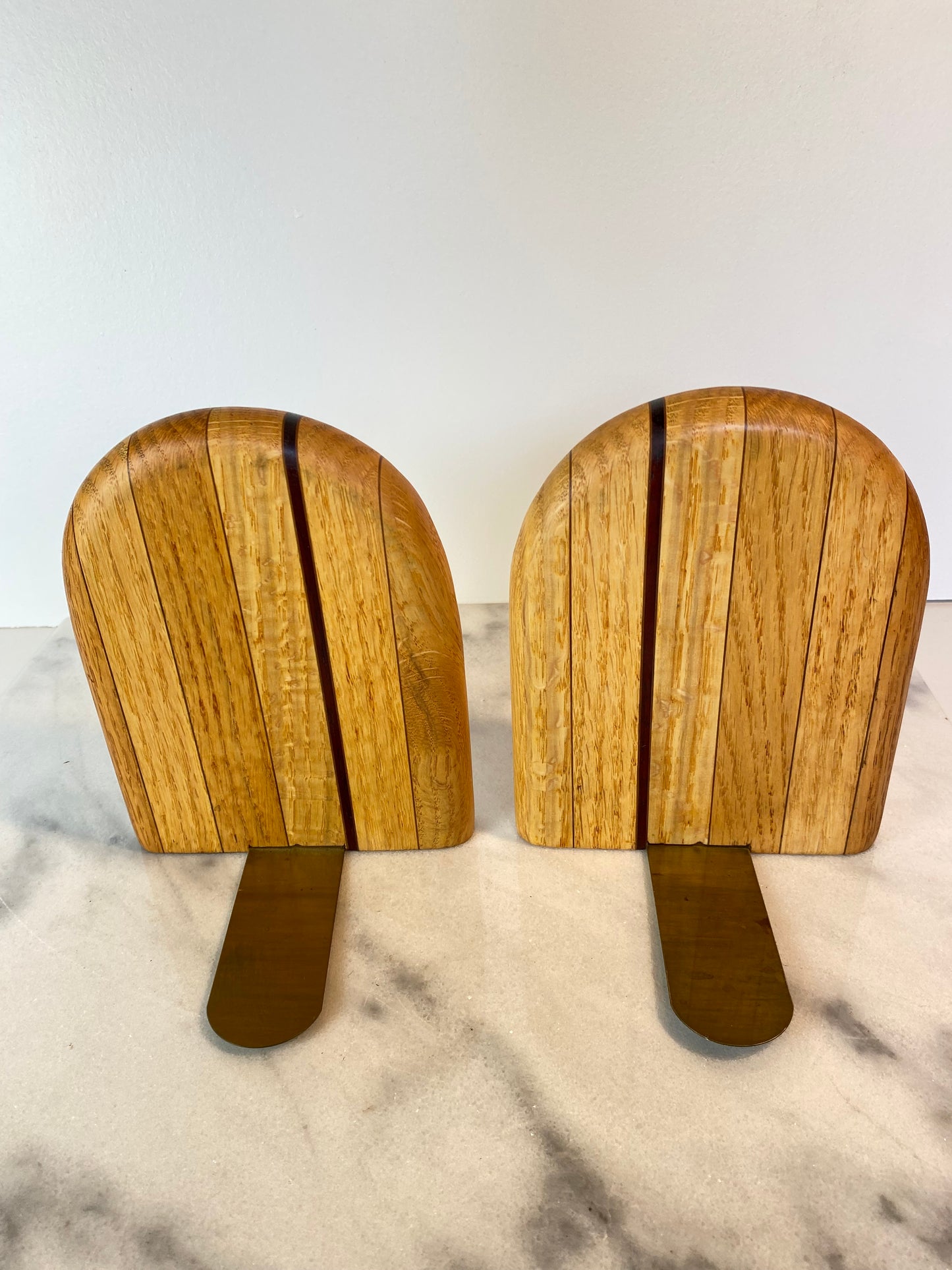 Mid-Century Modern Rounded White Oak & Brass Bookends - A Pair