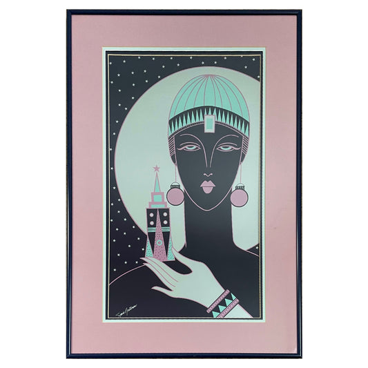 Postmodern Signed Lithograph Woman Moon & City