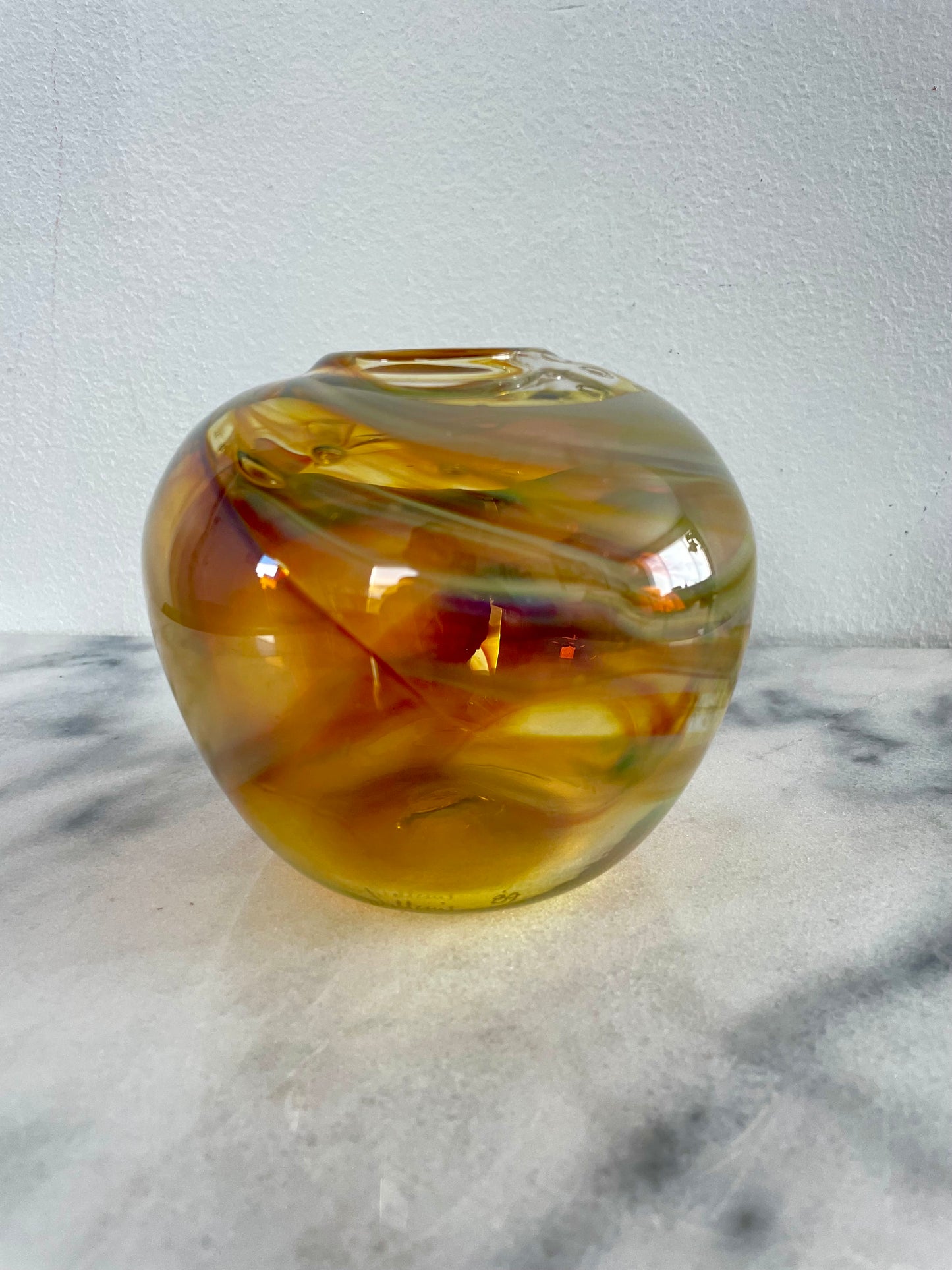 Vintage Amber Opalescent Swirled Mouth Blown Glass Vase