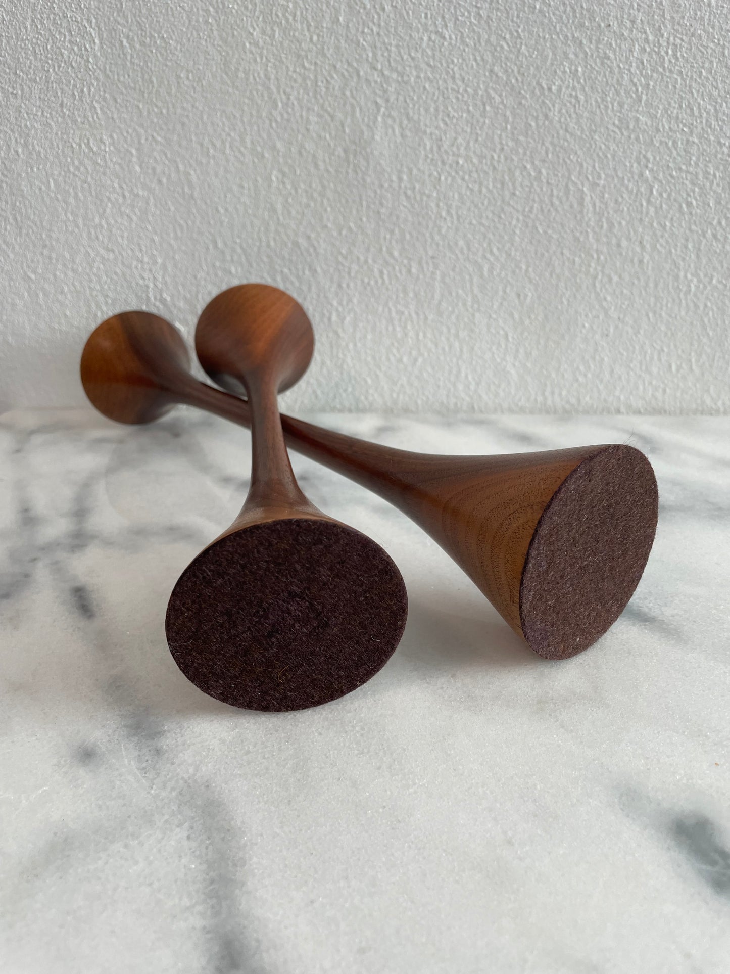 Mid-Century Walnut Tapered Tulip Candlesticks - Pair