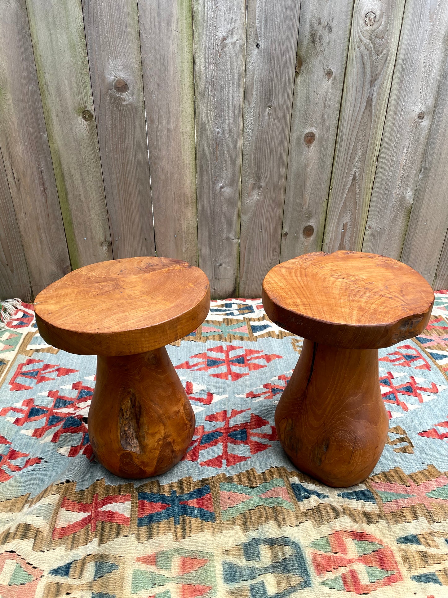 Mid 20th Century Rustic Solid Teak Wood Mushroom Tables - a Pair