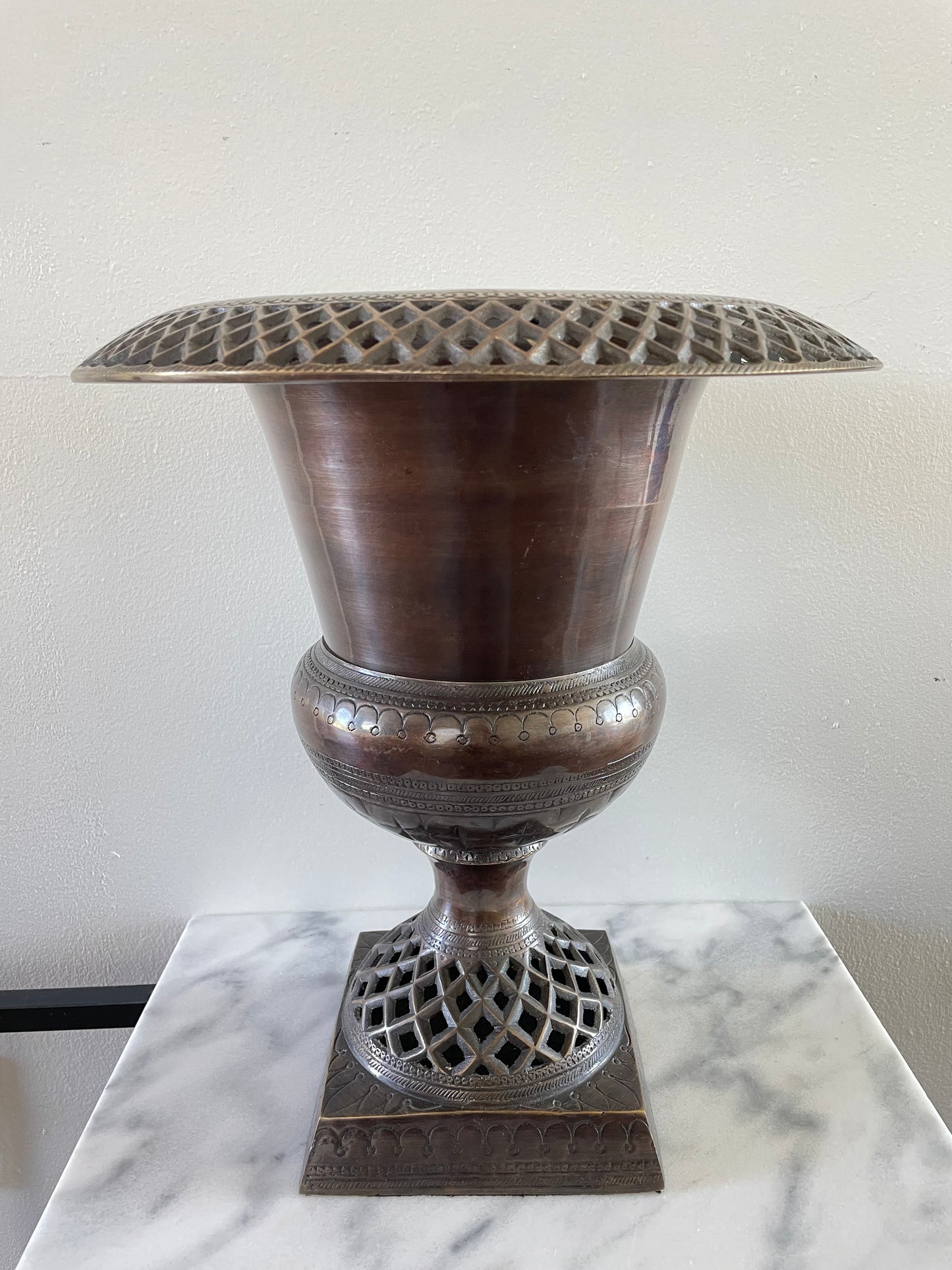 Large Late 20th Century Solid Brads Urn Vase With Pierced Detailing