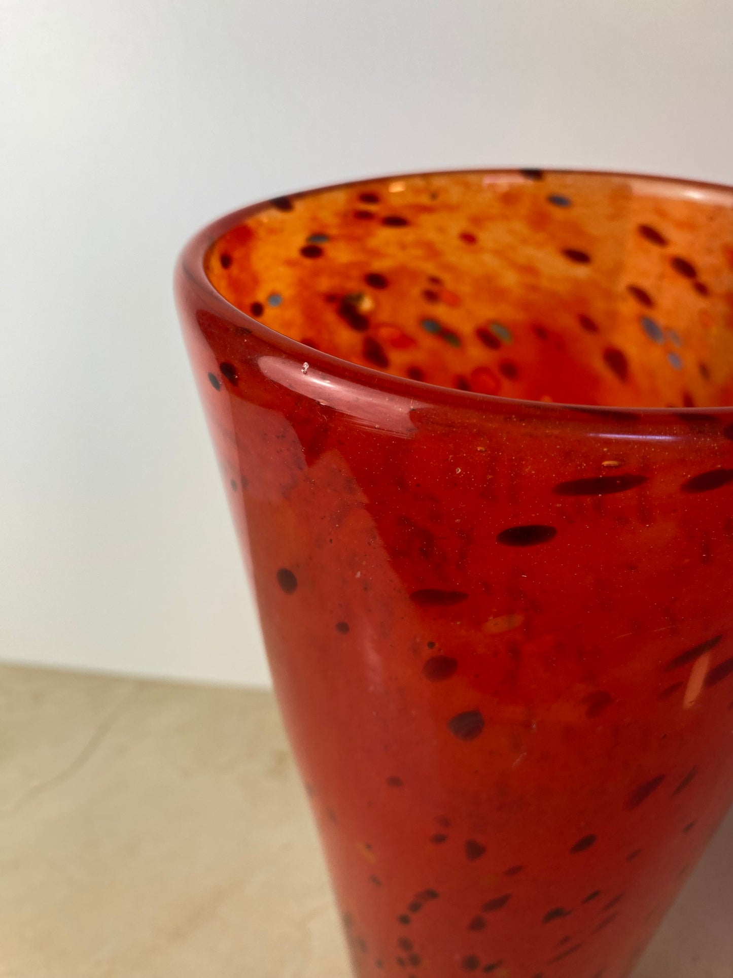 Henry Dean Mouth-Blown Red & Black Speckled Glass Vase, Signed