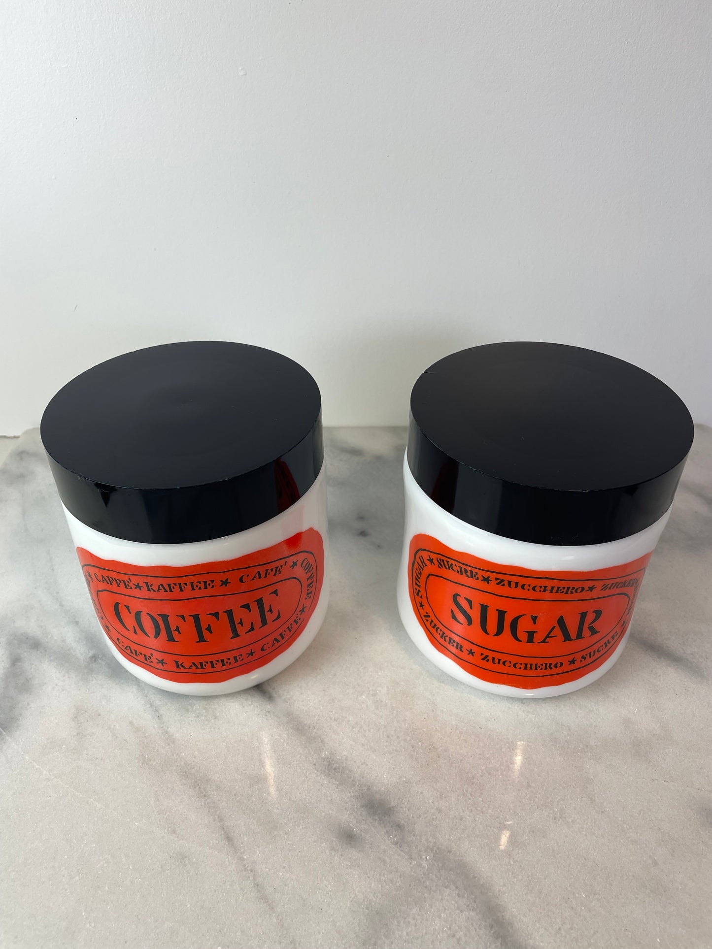 Egizia Italy Milk Glass Graphic Coffee & Sugar Canisters