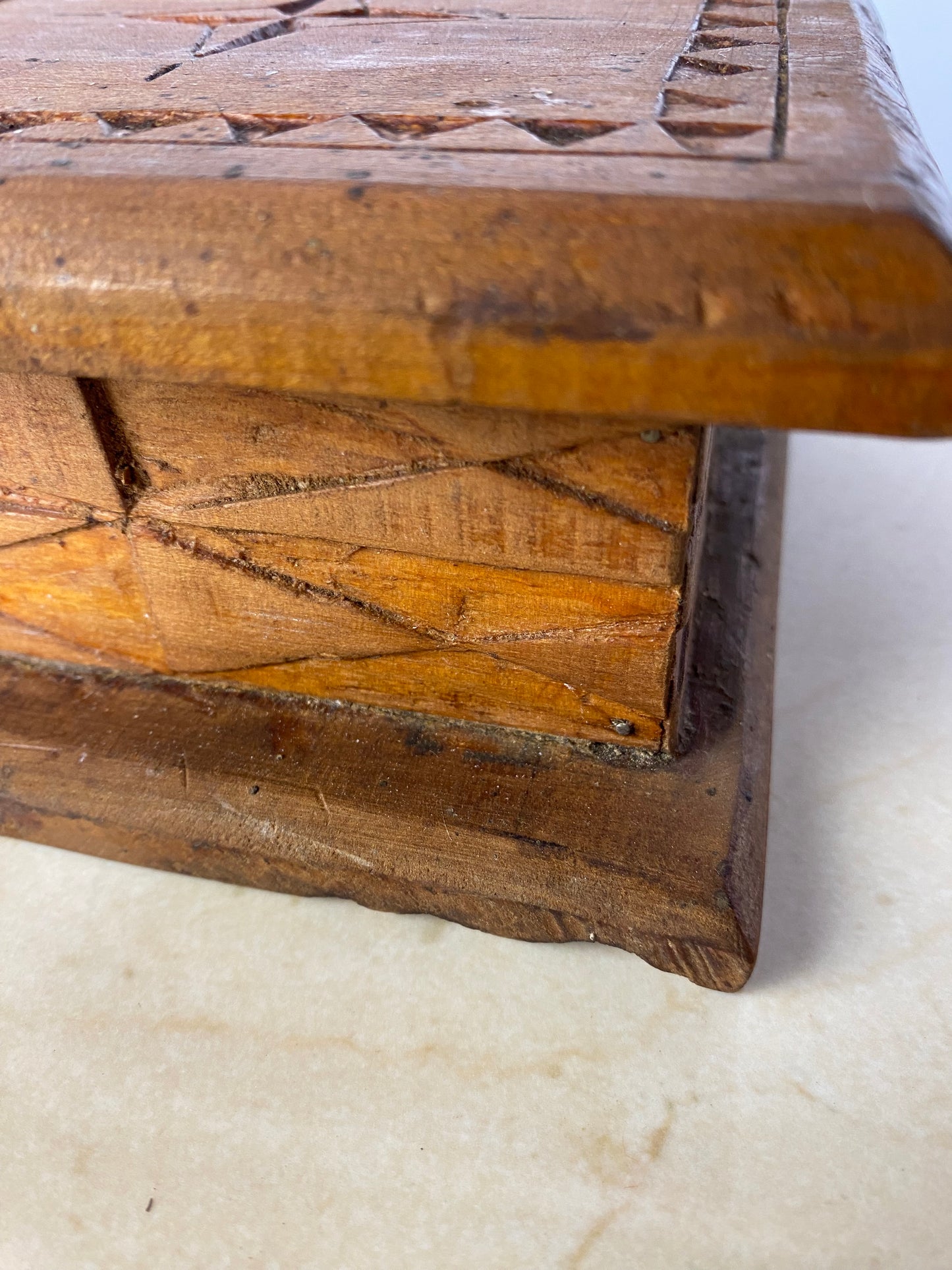 Vintage Hand-Carved Wood Folk Art Lidded Box With Star Motif