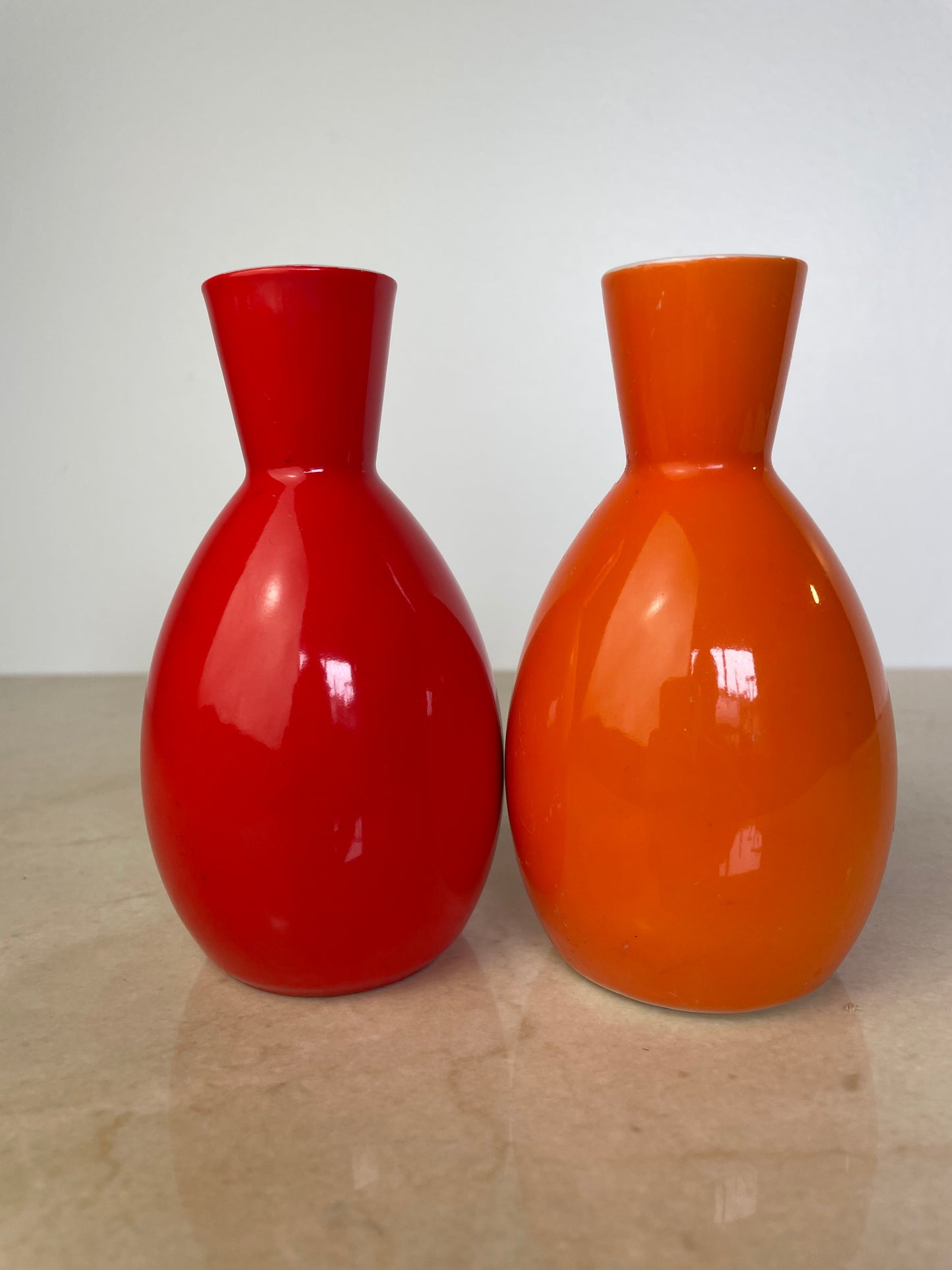 Pair Vintage Omc Japan Ceramic Sake Bottles, Red & Orange