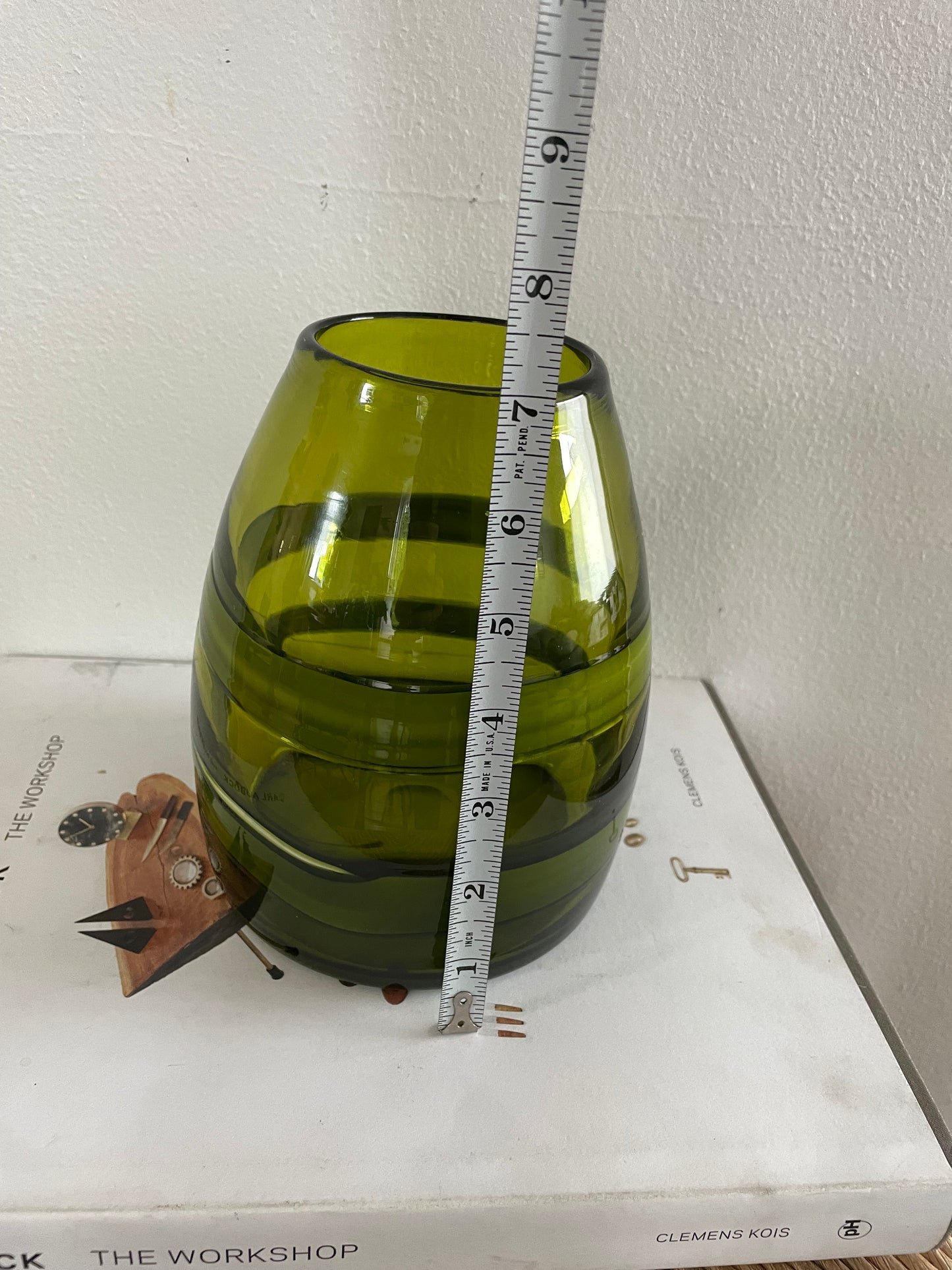 1990s Studio Art Glass Hand Blown Vase in Olive Green