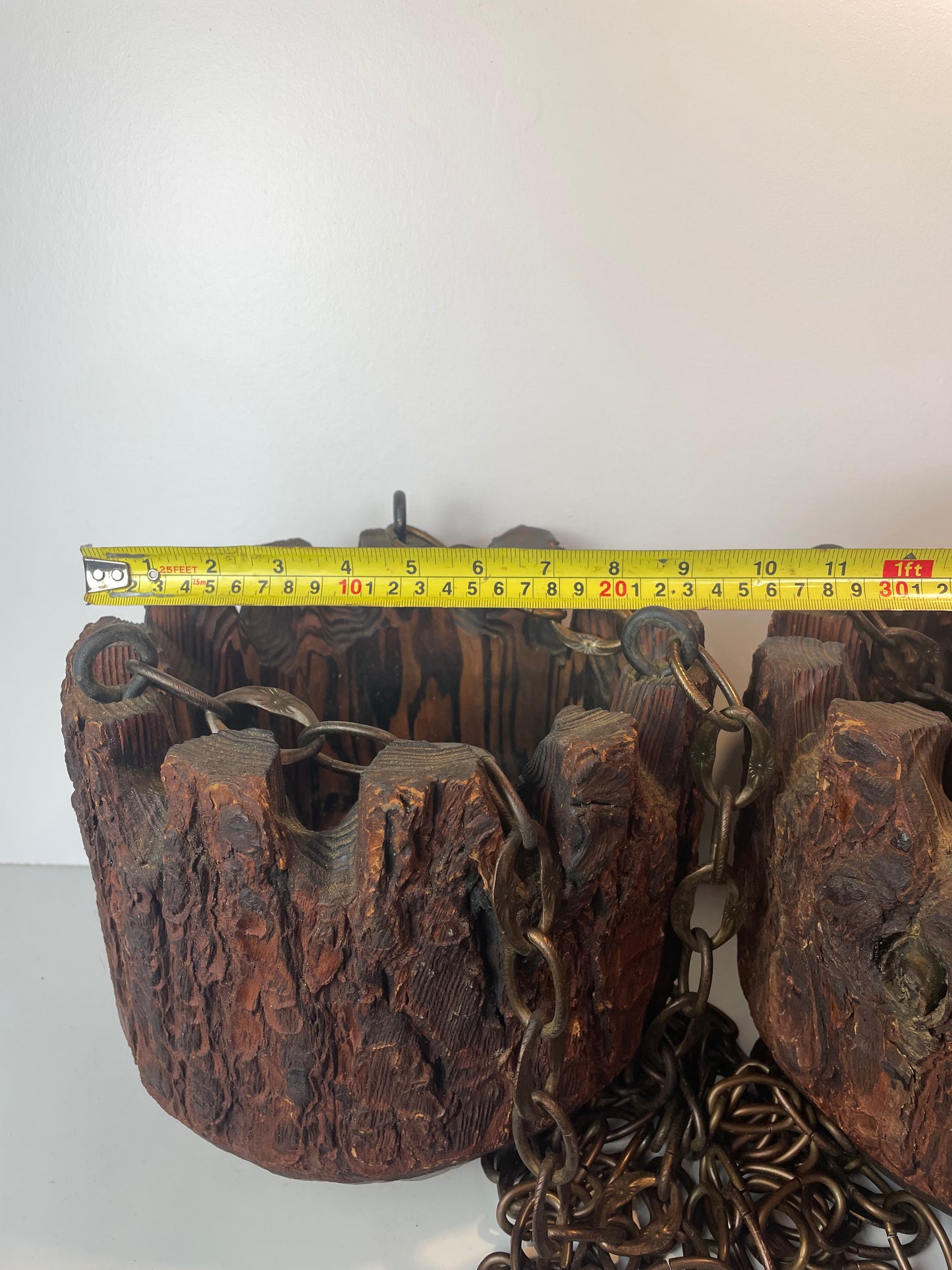 Mid 20th Century Rustic Mission Style Redwood Swag Chain Hanging Planters - A Pair