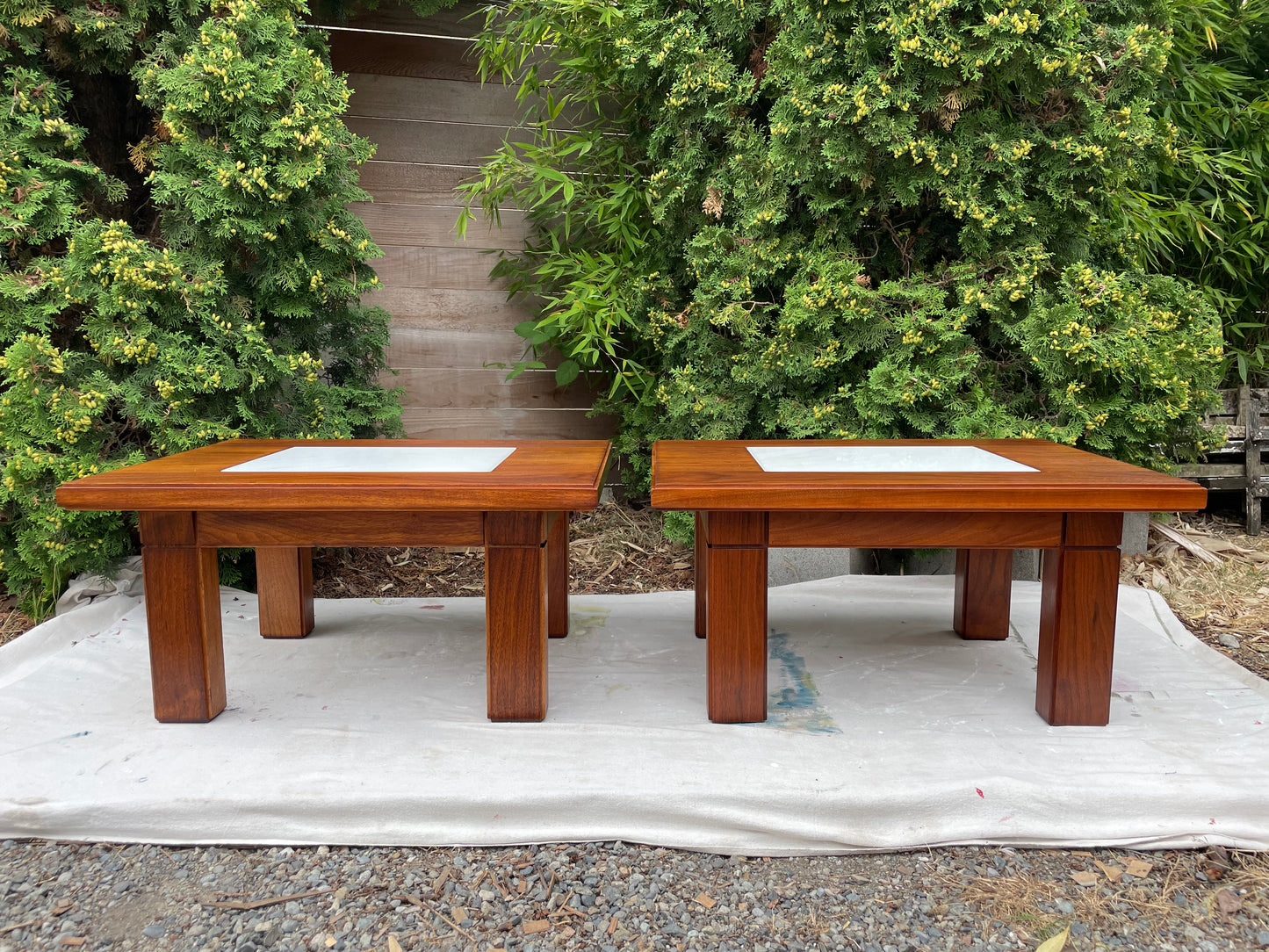 Mid-Century Studio Solid Walnut & Marble Side Tables Pair
