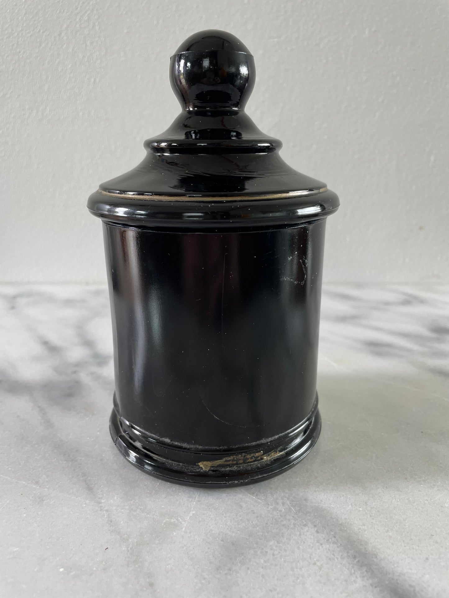 Vintage Black Glass Apothecary Jar Jean Vivaudou Co. Orloff Bergamot Men's Bath Talc