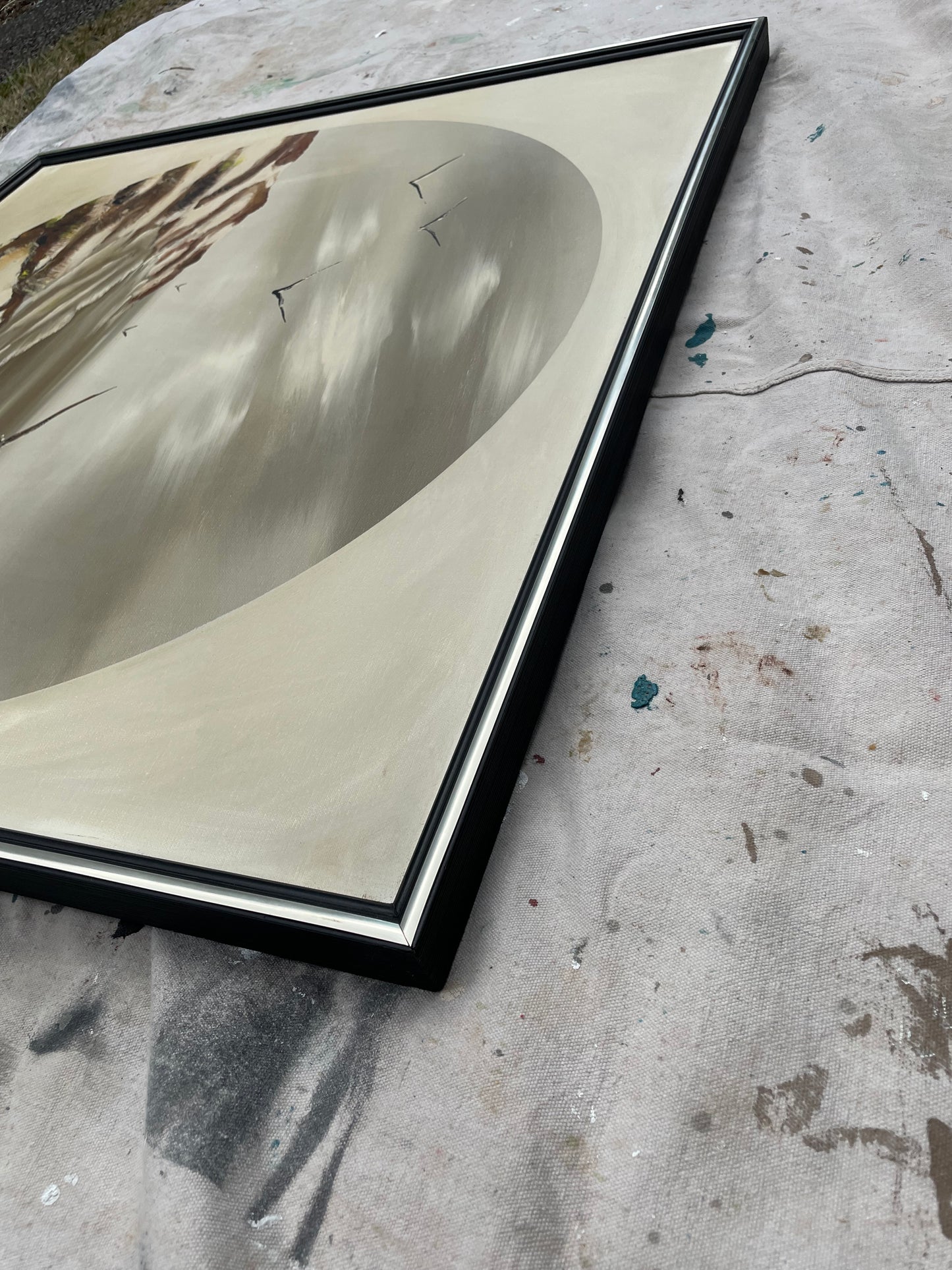 Mid 20th Century Signed Carlson Seascape Oil Painting – Gulls & Dunes on Canvas