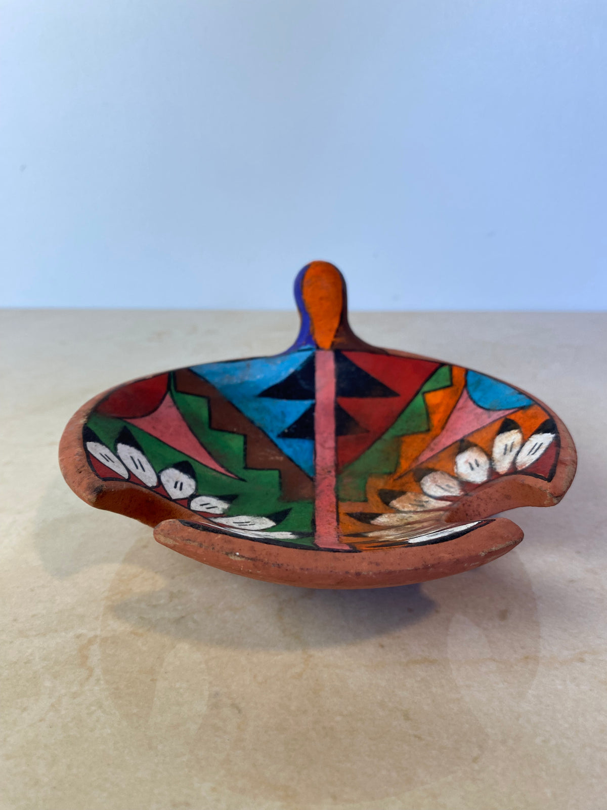 Vintage Tesuque Pueblo Native American Polychrome Bird Effigy Bowl