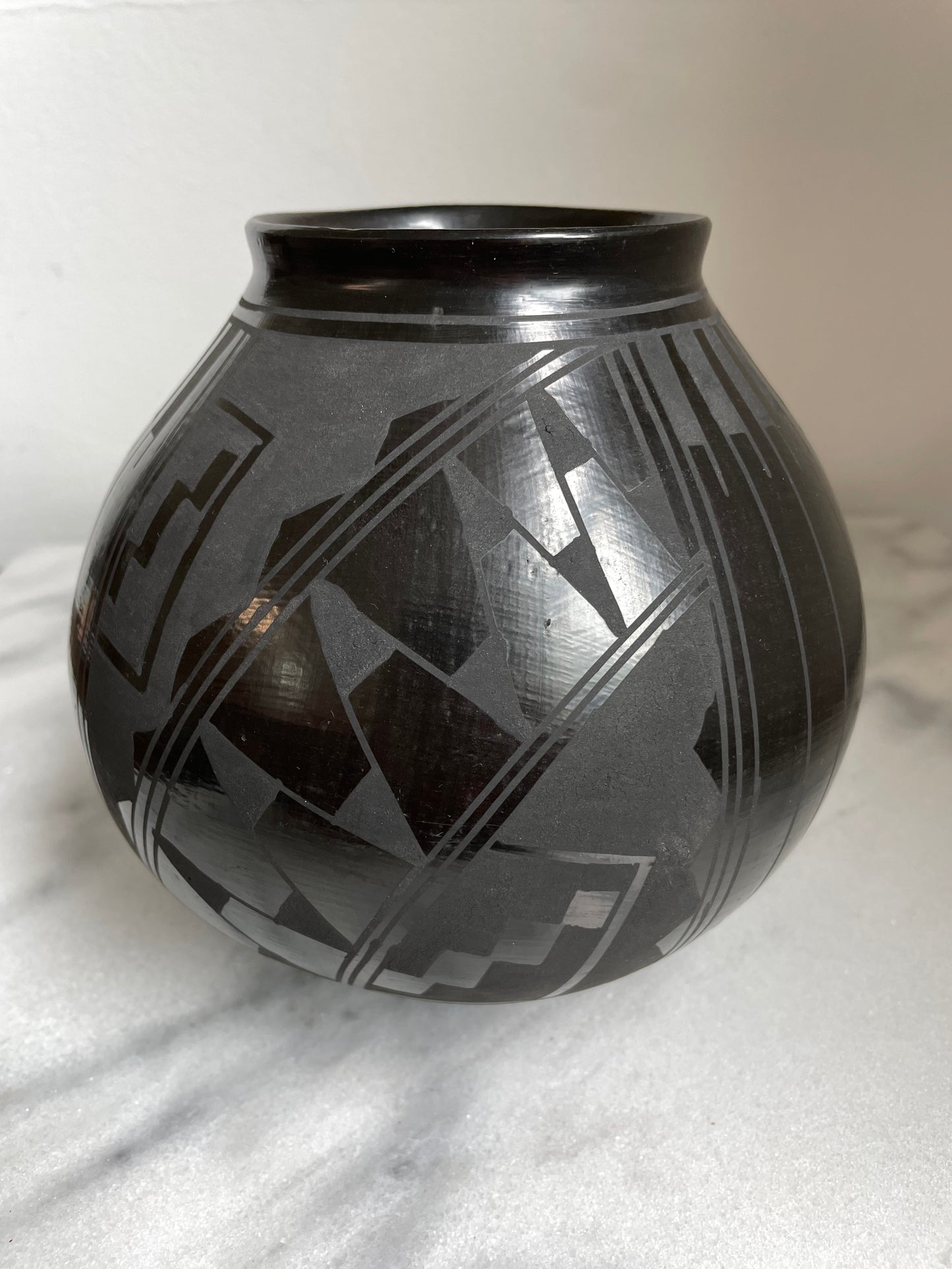 1990s Mata Ortiz Geometric Blackware Vase by David Ortiz