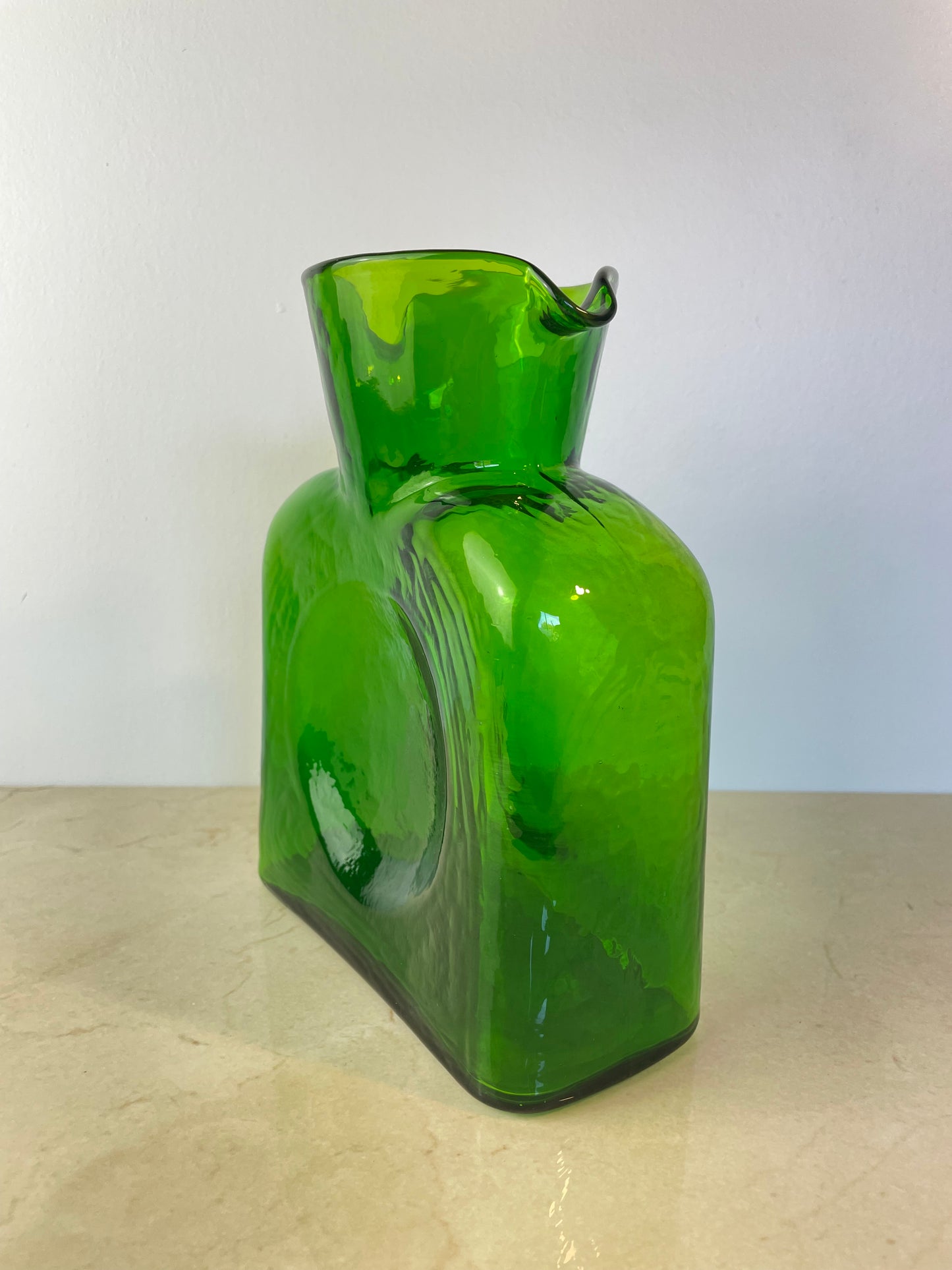 Mid 20th Century Blenko Emerald Green Double Spout Water Bottle Pitcher